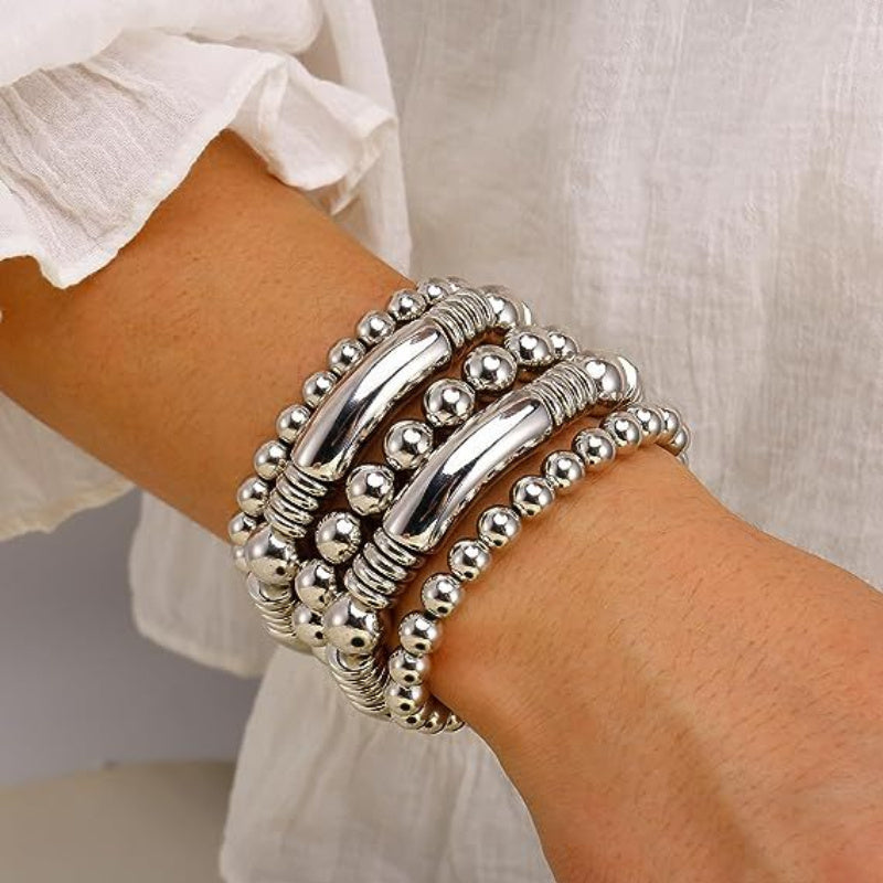 5 Pieces/ Set Metal Beads Decor Bracelets Simple Punk Style Trendy Female Bracelets With Gift Box