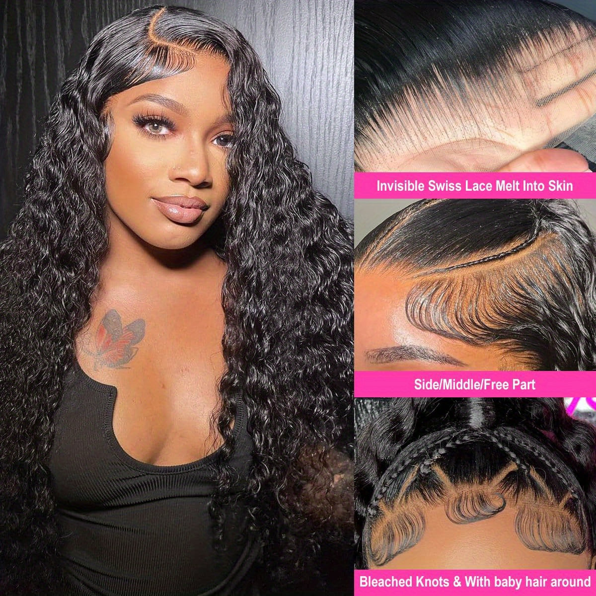 250% Density 28 Deep Curly Lace Front Wig - Pre-Plucked with Baby Hair, Natural Black Color, Kinky Curly Style, 13x6 Lace Area, Basics Style, Suitable for All Women