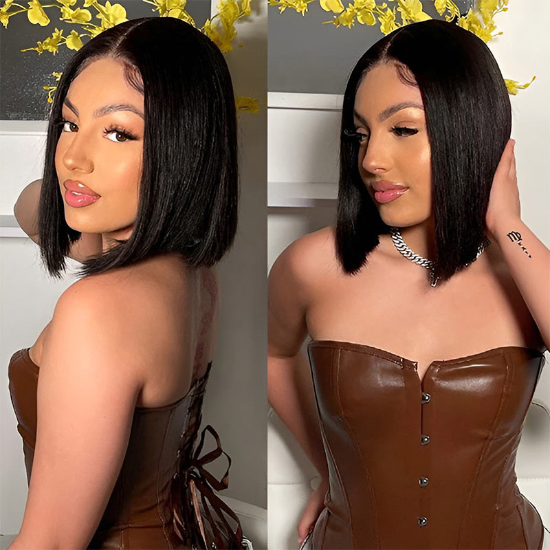 Glueless Wigs Human Hair bob Straight Human Hair Lace Front Wigs for Beginners 100% Glueless Wigs 13x4 Lace Closure Human Hair Wig for Women Pre Cut Lace Natural Color 250% Density