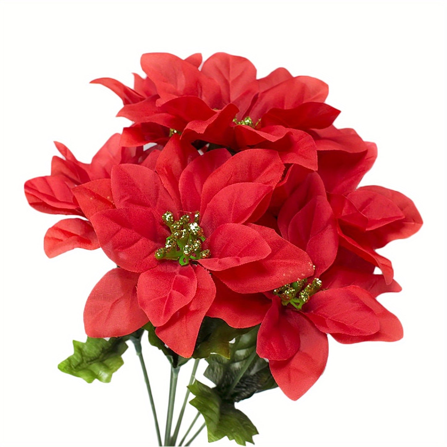6 Pack Artificial Poinsettia Bushes, 14.6 Inch Faux Red 7 Stems Velvet Poinsettia Floral for Indoor Outdoor Christmas Tree Ornament Home Porch Decorations