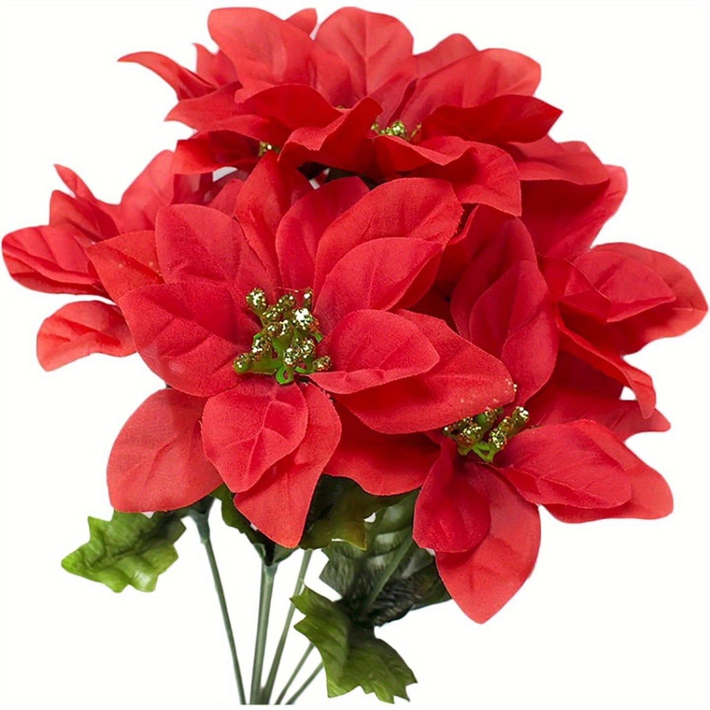 6 Pack Artificial Poinsettia Bushes, 14.6 Inch Faux Red 7 Stems Velvet Poinsettia Floral for Indoor Outdoor Christmas Tree Ornament Home Porch Decorations