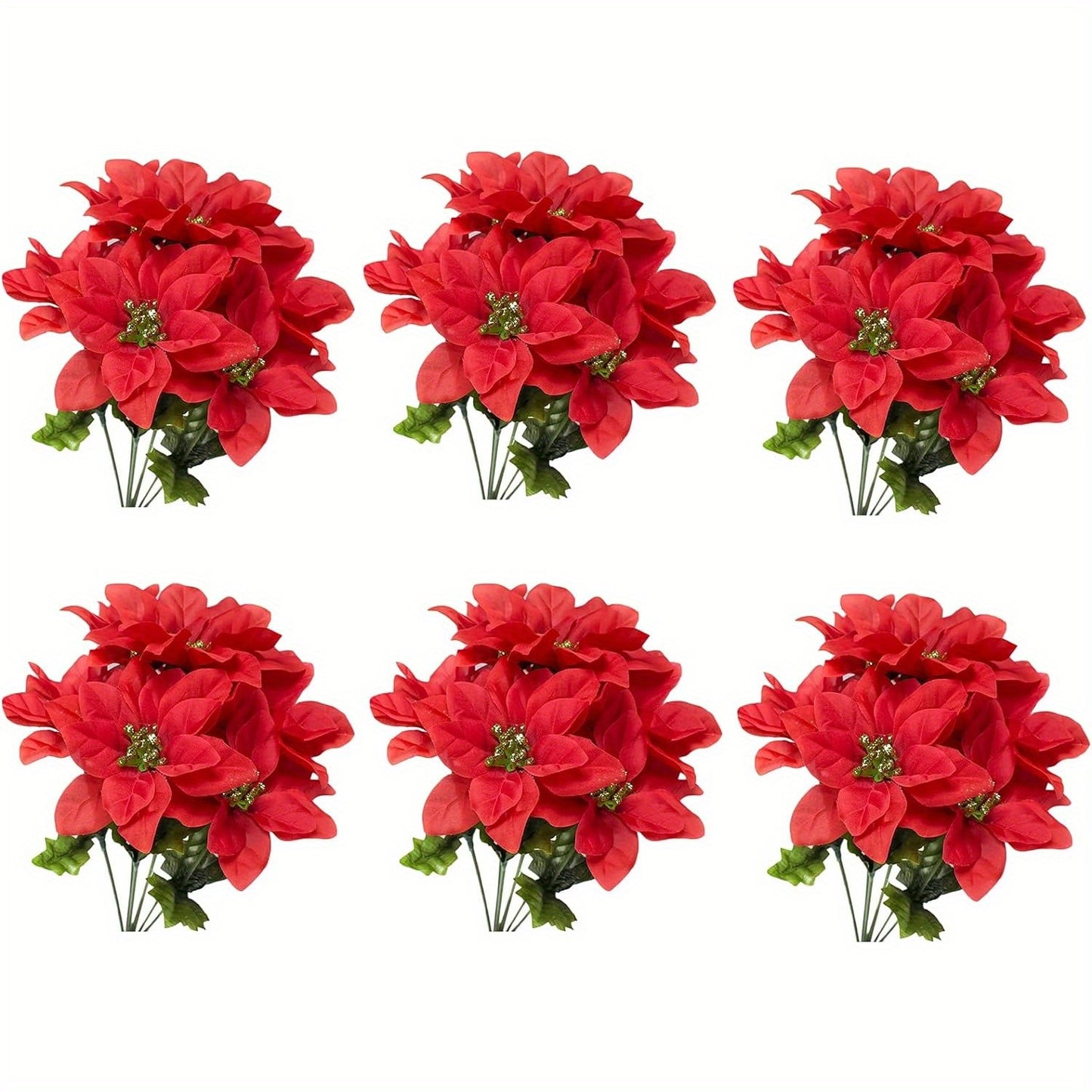 6 Pack Artificial Poinsettia Bushes, 14.6 Inch Faux Red 7 Stems Velvet Poinsettia Floral for Indoor Outdoor Christmas Tree Ornament Home Porch Decorations