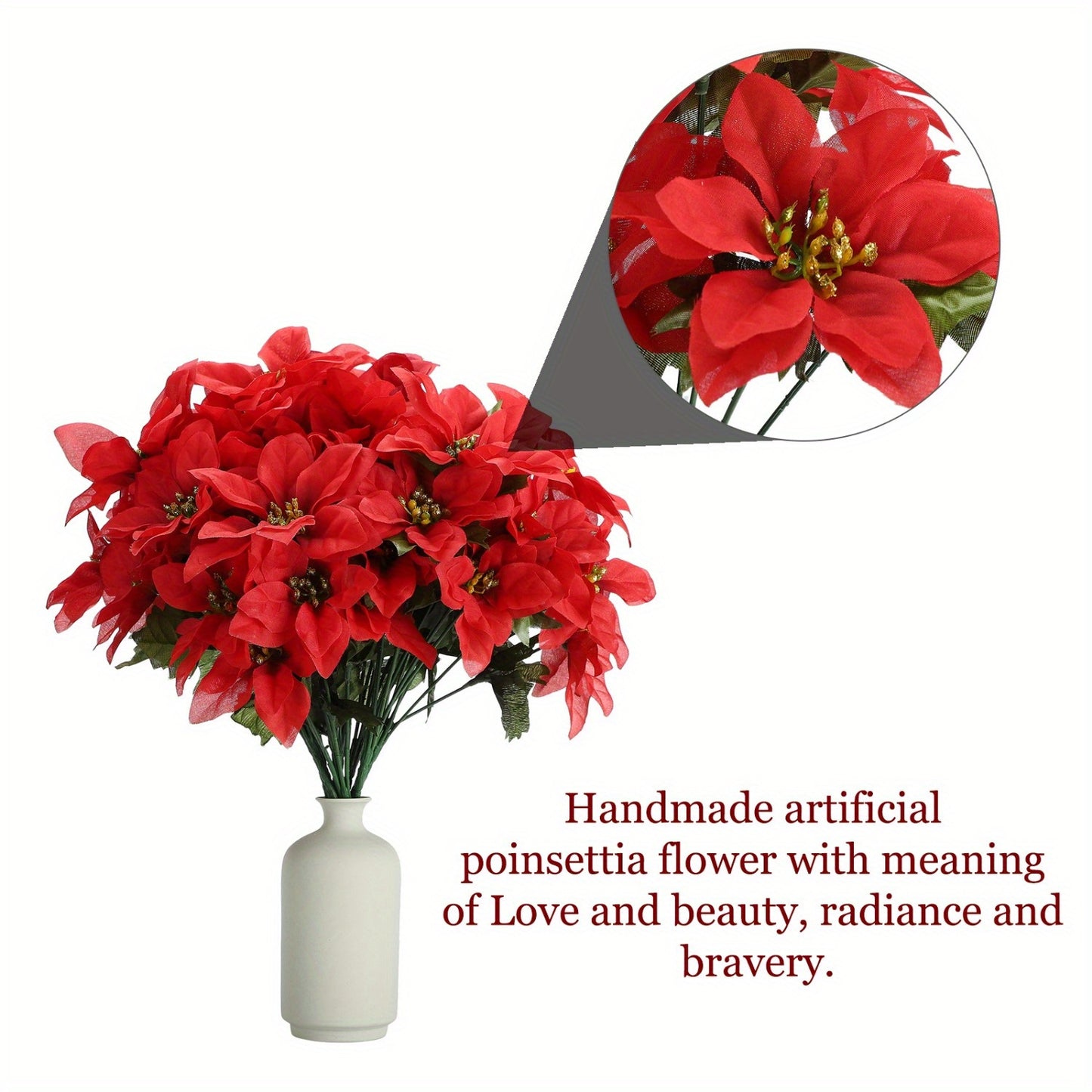 6 Pack Artificial Poinsettia Bushes, 14.6 Inch Faux Red 7 Stems Velvet Poinsettia Floral for Indoor Outdoor Christmas Tree Ornament Home Porch Decorations