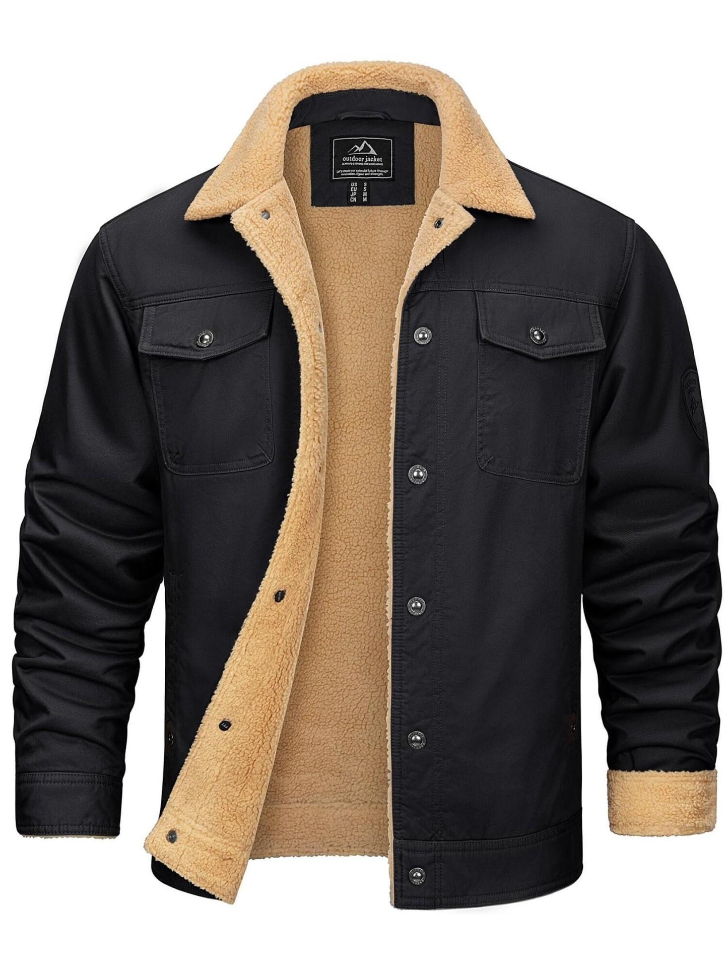 FASBUCO Men's Pure Cotton Cargo Jacket - Thick Fleece Lined, Windproof, Lapel Coat with Button Pockets, Closure, Solid Color, Breathable, Casual, Suitable for Fishing, Hiking, Traveling, Dating, and Outdoor Activities in Cold Weather