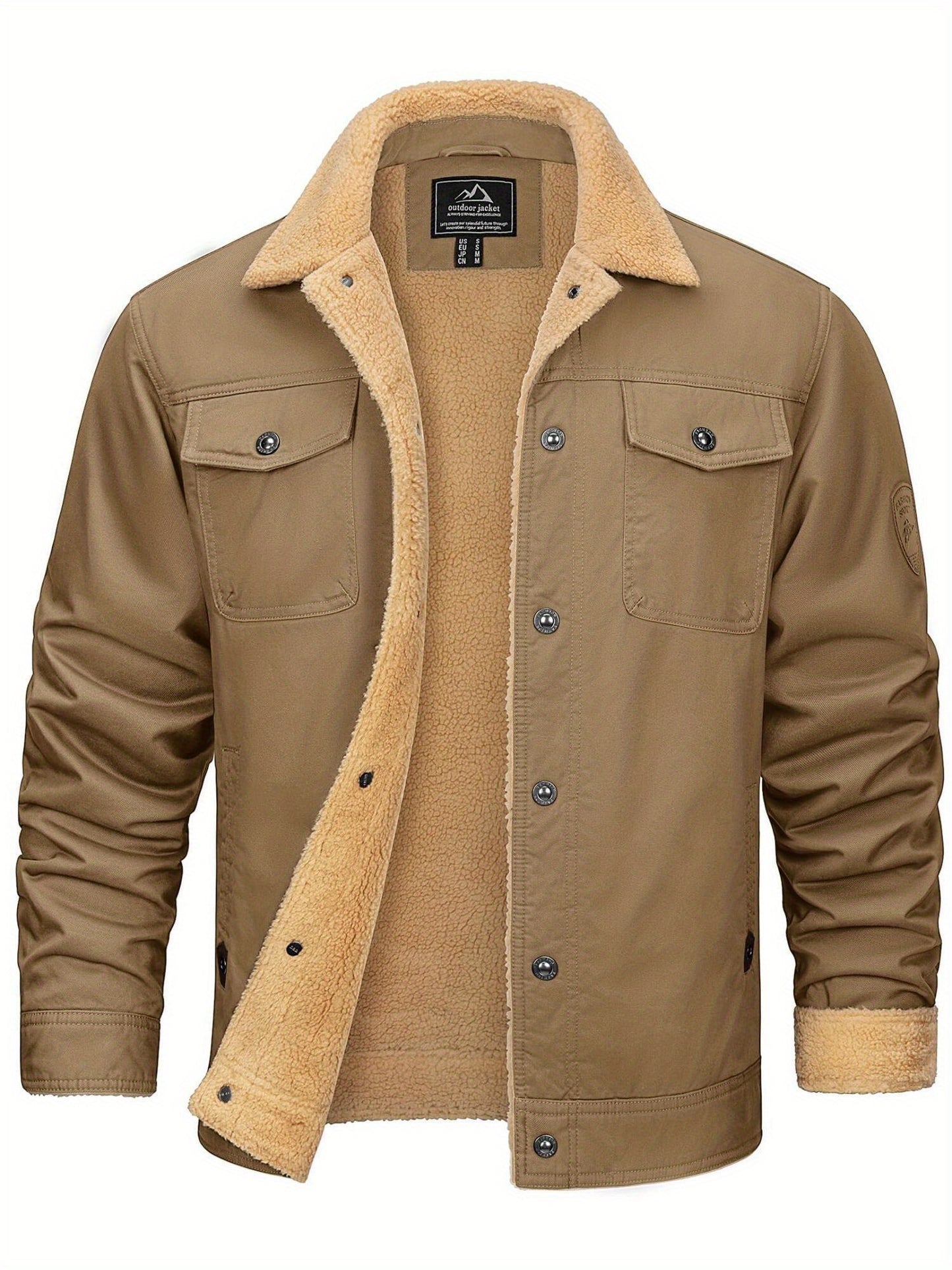 FASBUCO Men's Pure Cotton Cargo Jacket - Thick Fleece Lined, Windproof, Lapel Coat with Button Pockets, Closure, Solid Color, Breathable, Casual, Suitable for Fishing, Hiking, Traveling, Dating, and Outdoor Activities in Cold Weather