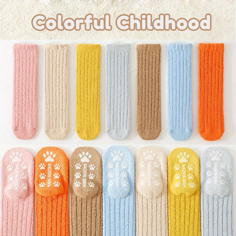 3-Pack Toddler Cozy Knit Tube Socks With Non-Slip Grip, Polyester & Spandex Blend, Extra Warm Velvet Thicken for Boys and Girls, Fall/Winter Hand Washable Long Socks for Children Age 12 & Under