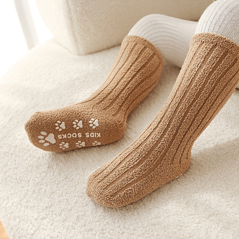 3-Pack Toddler Cozy Knit Tube Socks With Non-Slip Grip, Polyester & Spandex Blend, Extra Warm Velvet Thicken for Boys and Girls, Fall/Winter Hand Washable Long Socks for Children Age 12 & Under