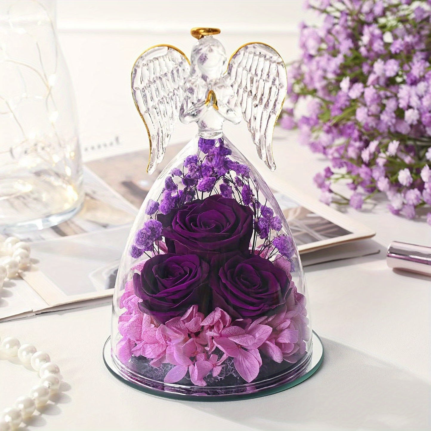 Angel Gifts for Women, Preserved Rose in Glass Angel Figurines, Mothers Day Larger Angel Rose Gifts for Mom Grandma, Angel Figurines with Real Roses Birthday Gifts for Women, Red/ Purple
