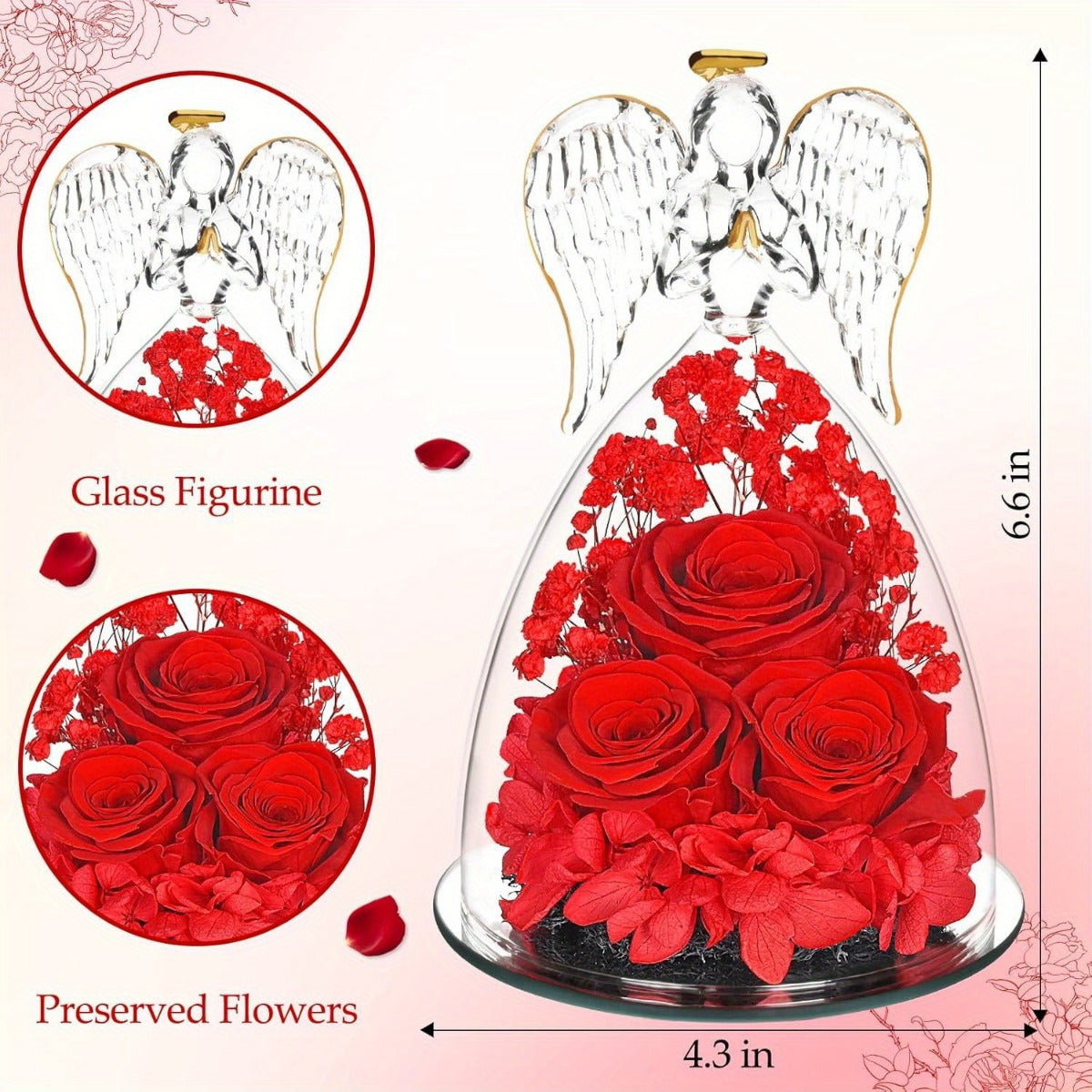 Angel Gifts for Women, Preserved Rose in Glass Angel Figurines, Mothers Day Larger Angel Rose Gifts for Mom Grandma, Angel Figurines with Real Roses Birthday Gifts for Women, Red/ Purple