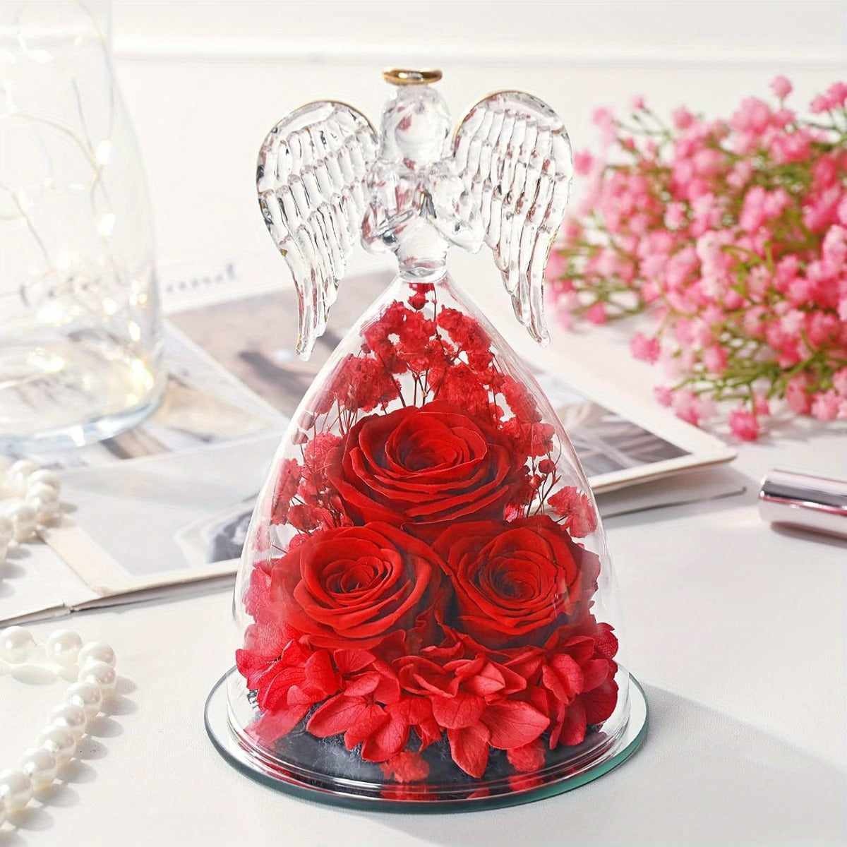 Angel Gifts for Women, Preserved Rose in Glass Angel Figurines, Mothers Day Larger Angel Rose Gifts for Mom Grandma, Angel Figurines with Real Roses Birthday Gifts for Women, Red/ Purple