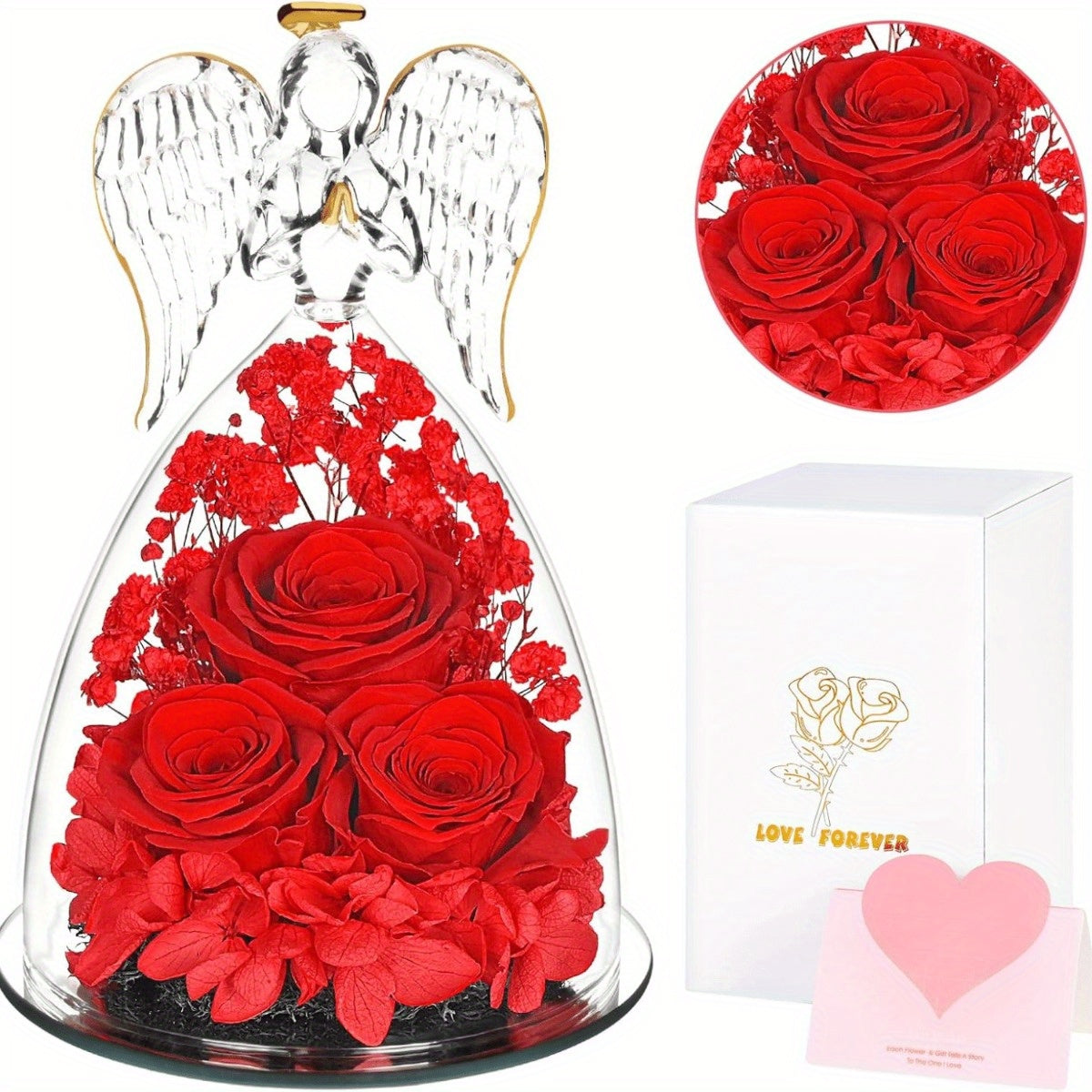 Angel Gifts for Women, Preserved Rose in Glass Angel Figurines, Mothers Day Larger Angel Rose Gifts for Mom Grandma, Angel Figurines with Real Roses Birthday Gifts for Women, Red/ Purple
