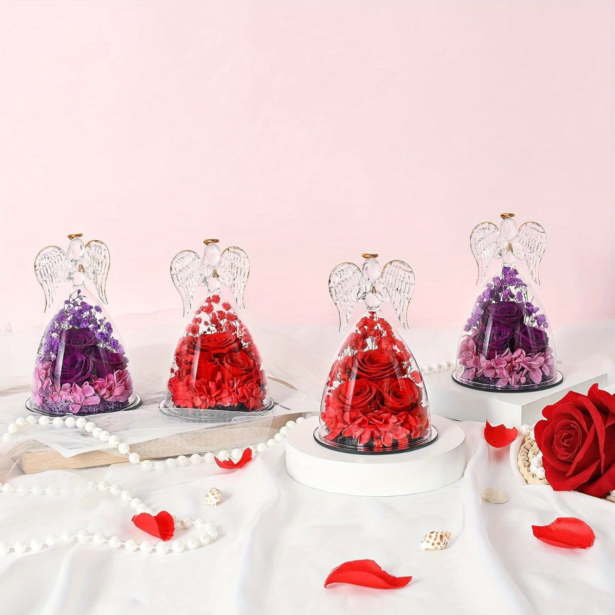 Angel Gifts for Women, Preserved Rose in Glass Angel Figurines, Mothers Day Larger Angel Rose Gifts for Mom Grandma, Angel Figurines with Real Roses Birthday Gifts for Women, Red/ Purple