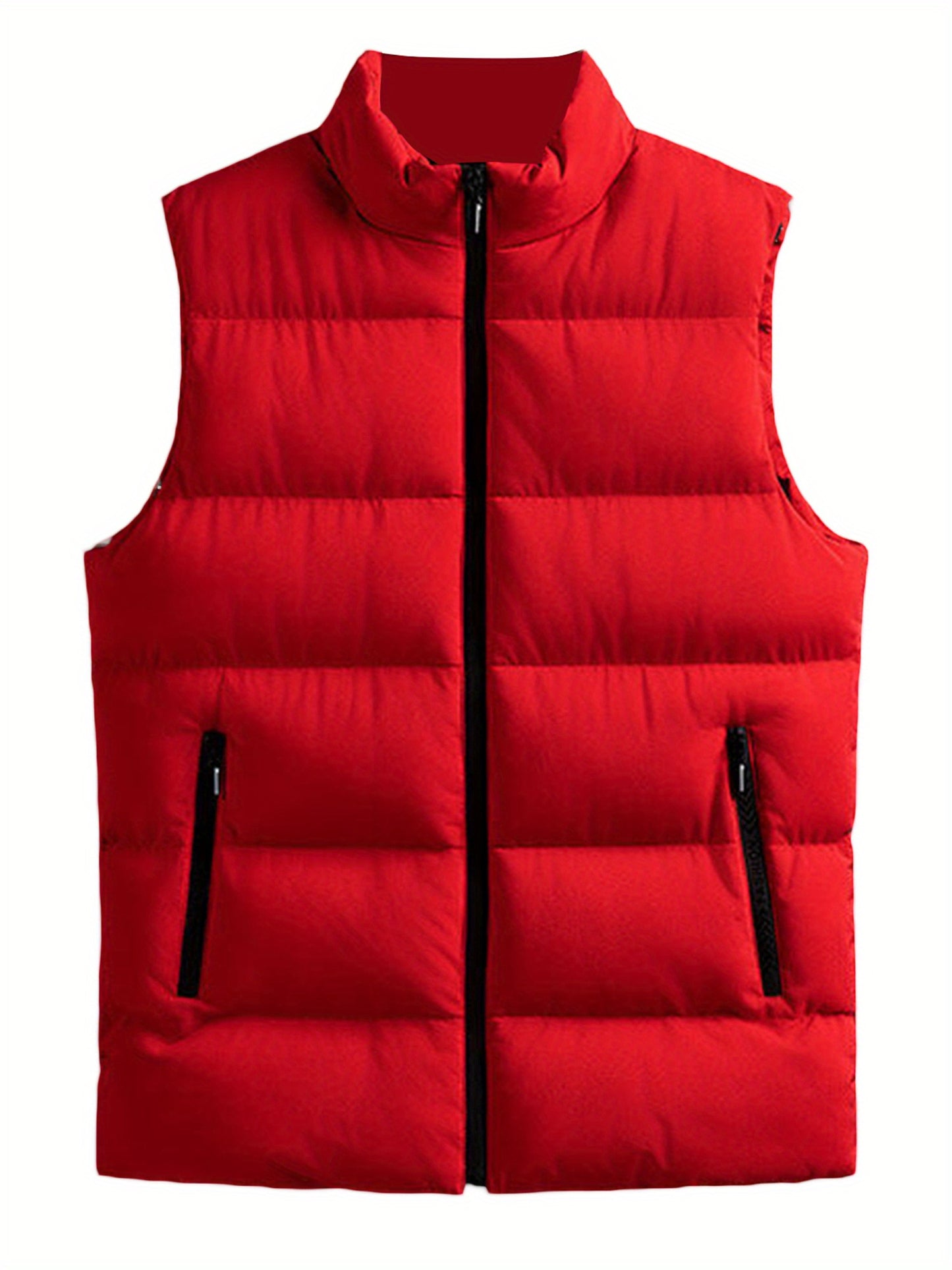 1pc Men'S Casual Stand Collar Puffer Vest - Solid Color Quilted Waistcoat with Zipper, Polyester Filled, Non-Stretch, Slim Fit, Sleeveless Padded Jacket for Fall/Winter, Streetwear Sweatshirts, Plus Size