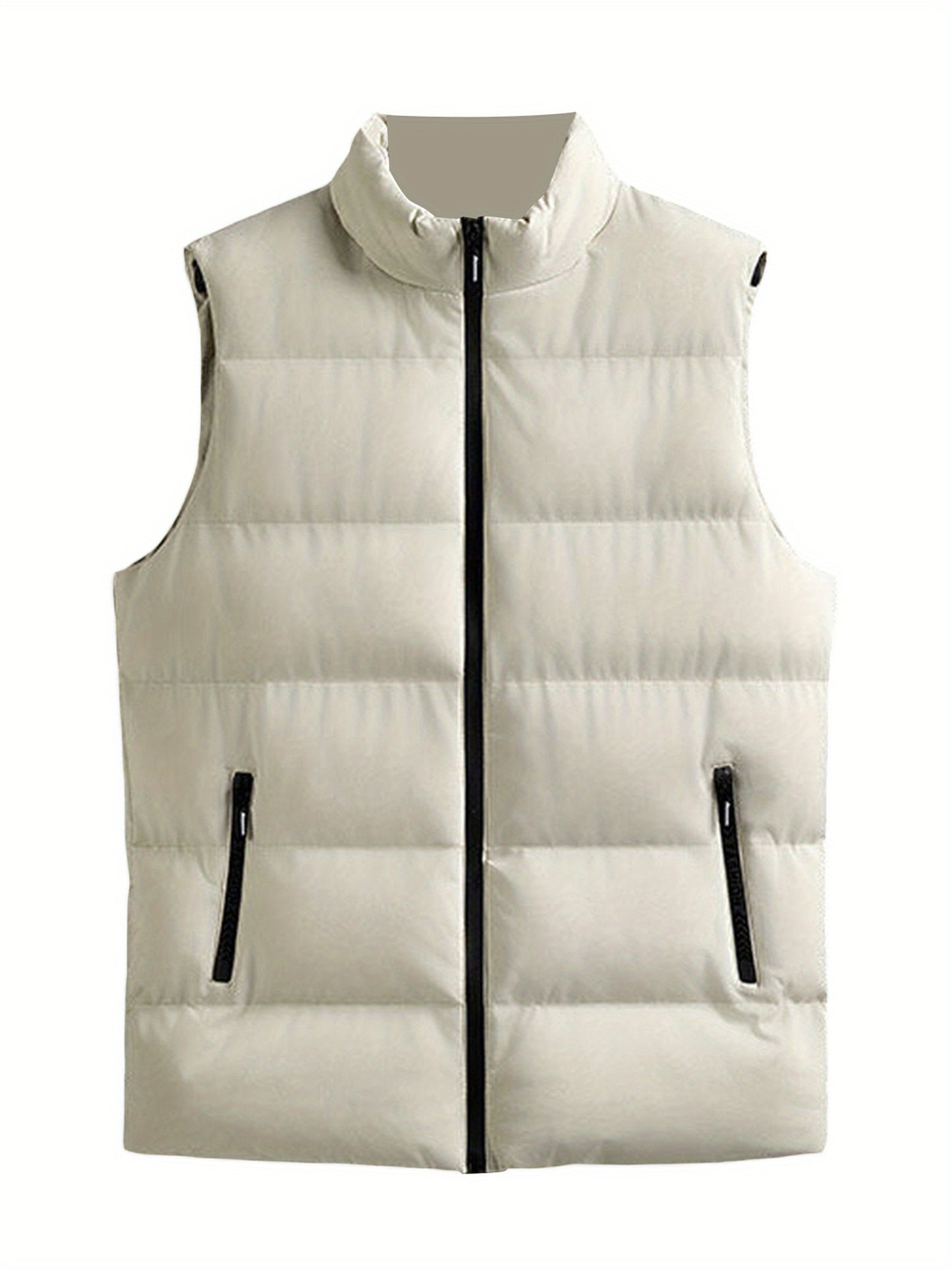 1pc Men'S Casual Stand Collar Puffer Vest - Solid Color Quilted Waistcoat with Zipper, Polyester Filled, Non-Stretch, Slim Fit, Sleeveless Padded Jacket for Fall/Winter, Streetwear Sweatshirts, Plus Size