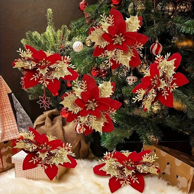 30pcs Vibrant Red Artificial Christmas Flowers with Clips & Stems - Easy to Use, No Power Required, Perfect for Tree, Wreath, DIY Decorations, and Festive Centerpieces