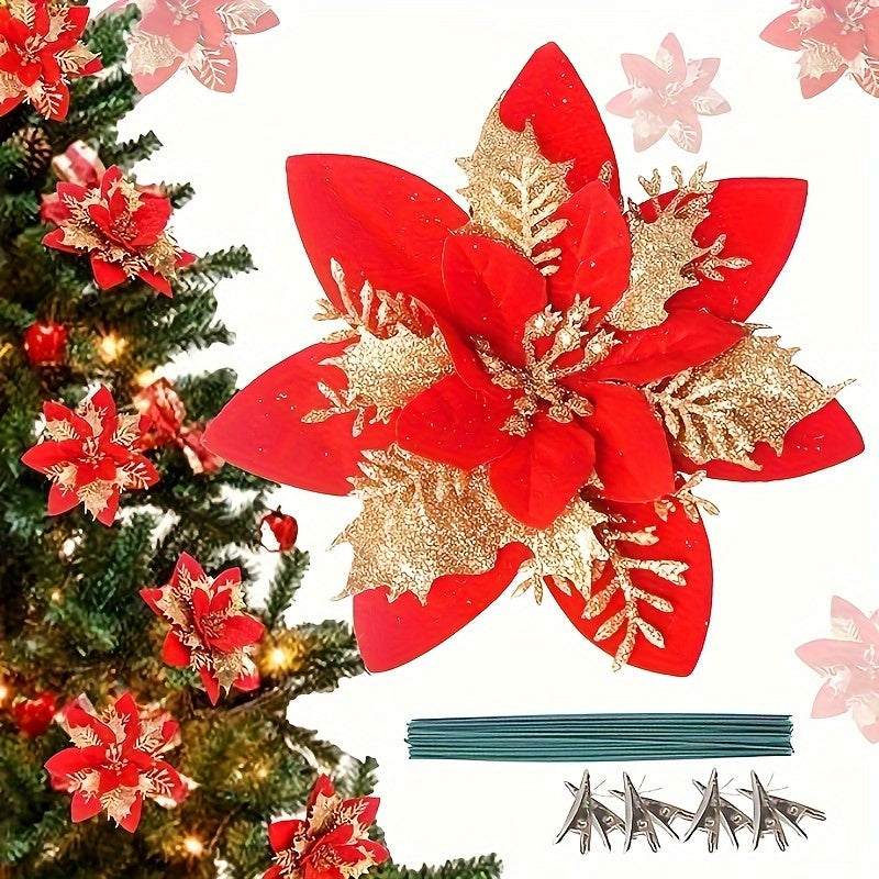 30pcs Vibrant Red Artificial Christmas Flowers with Clips & Stems - Easy to Use, No Power Required, Perfect for Tree, Wreath, DIY Decorations, and Festive Centerpieces