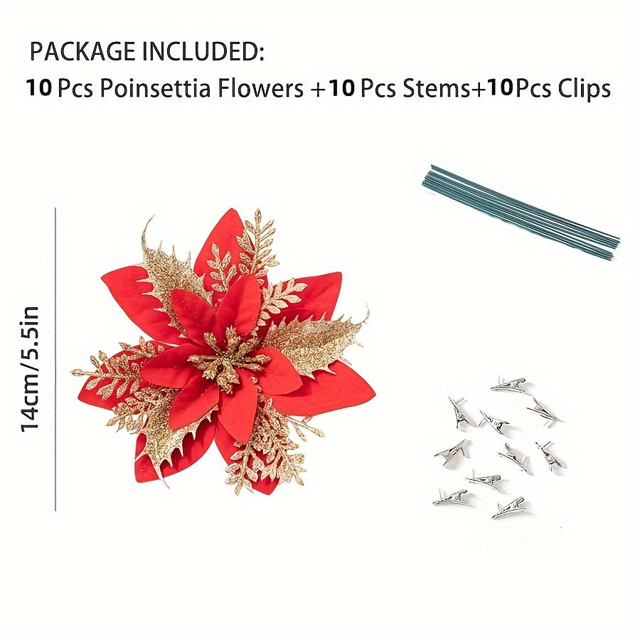 30pcs Vibrant Red Artificial Christmas Flowers with Clips & Stems - Easy to Use, No Power Required, Perfect for Tree, Wreath, DIY Decorations, and Festive Centerpieces