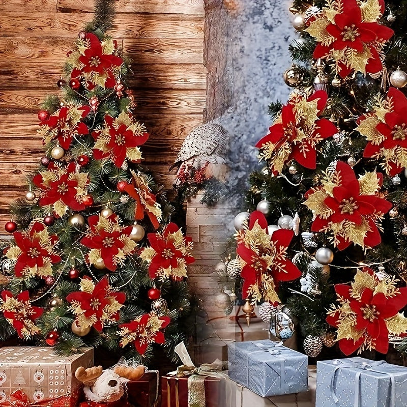 30pcs Vibrant Red Artificial Christmas Flowers with Clips & Stems - Easy to Use, No Power Required, Perfect for Tree, Wreath, DIY Decorations, and Festive Centerpieces