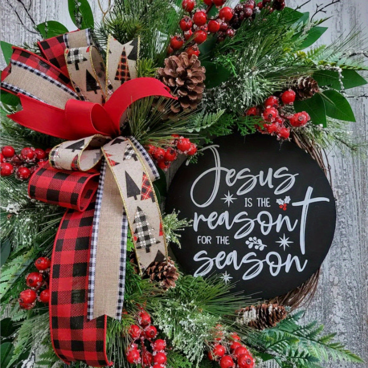 17.71in Round Wood Merry Christmas Sign with Bow for Front Door Decorations, Green, Hanging Ornament, Farmhouse Outdoor Wall Home Decor