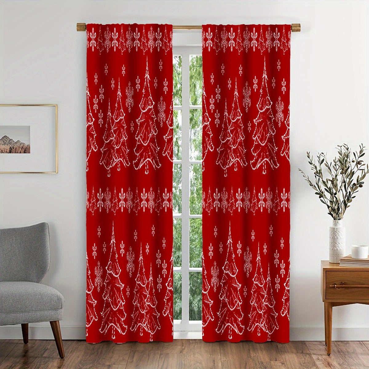 Art Deco Style 2Pcs Christmas Holiday Doorway Curtains - Polyester Satin Weave, Machine Washable, Unlined, All-Season, Fashionable Christmas Theme with Tie Backs for Bedroom Decor