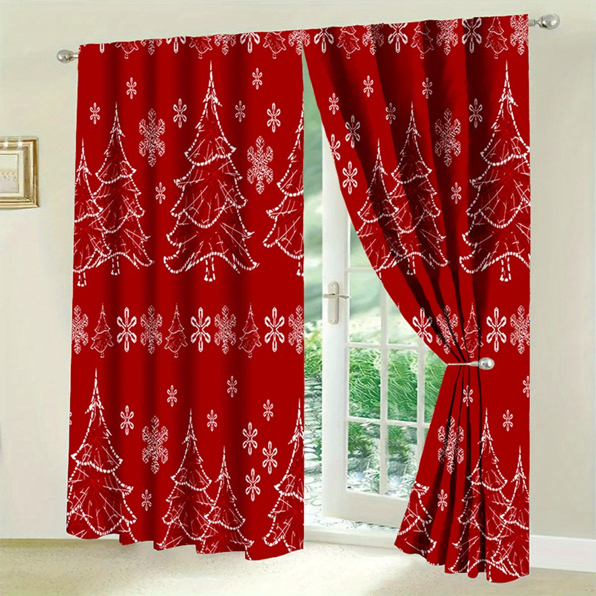 Art Deco Style 2Pcs Christmas Holiday Doorway Curtains - Polyester Satin Weave, Machine Washable, Unlined, All-Season, Fashionable Christmas Theme with Tie Backs for Bedroom Decor