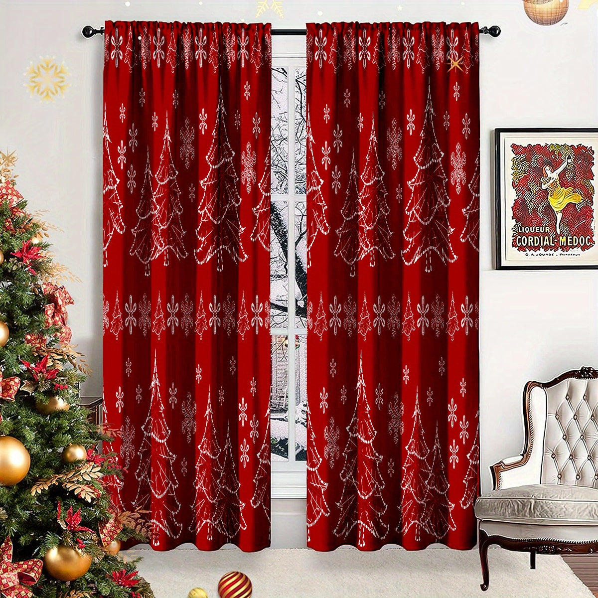 Art Deco Style 2Pcs Christmas Holiday Doorway Curtains - Polyester Satin Weave, Machine Washable, Unlined, All-Season, Fashionable Christmas Theme with Tie Backs for Bedroom Decor