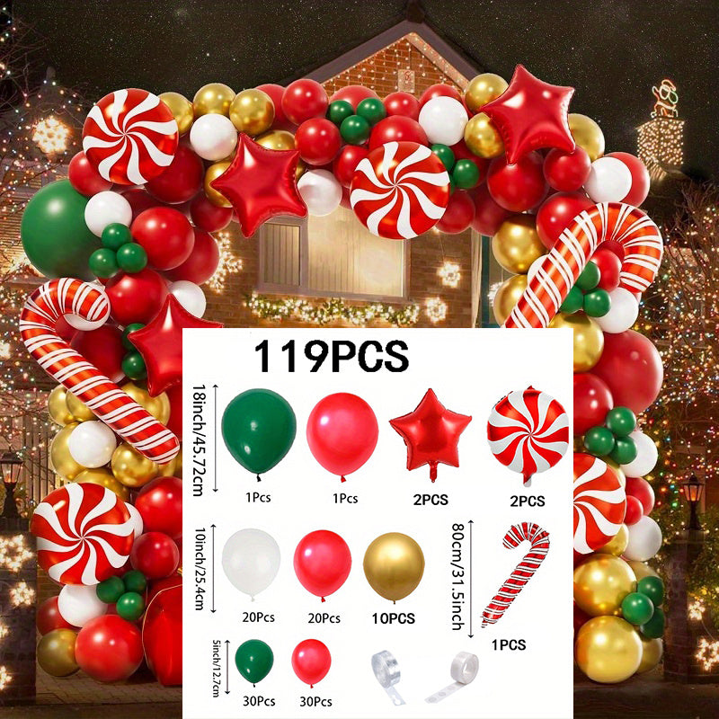 119pcs Latex Balloon Garland Kit - Mixed Color Festive Red, White & Golden with Candy Canes for Holiday Home Outdoor Party Decorations - No Electricity Needed