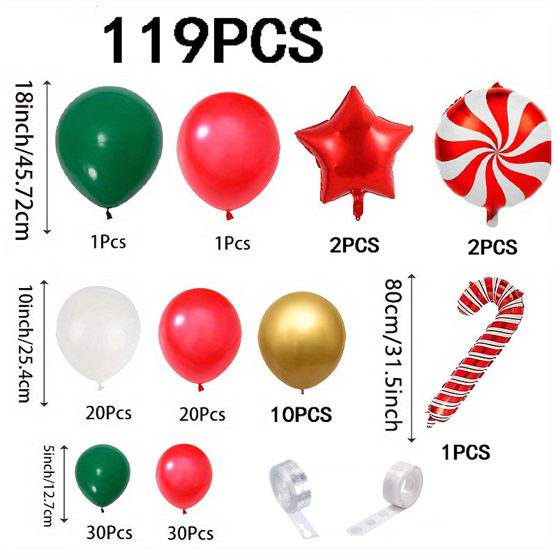 119pcs Latex Balloon Garland Kit - Mixed Color Festive Red, White & Golden with Candy Canes for Holiday Home Outdoor Party Decorations - No Electricity Needed