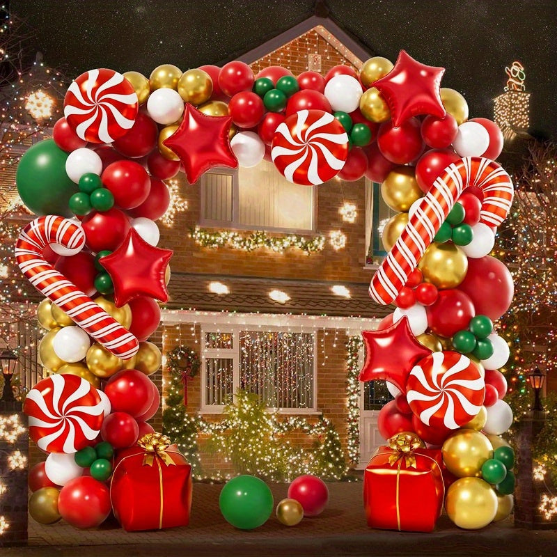 119pcs Latex Balloon Garland Kit - Mixed Color Festive Red, White & Golden with Candy Canes for Holiday Home Outdoor Party Decorations - No Electricity Needed