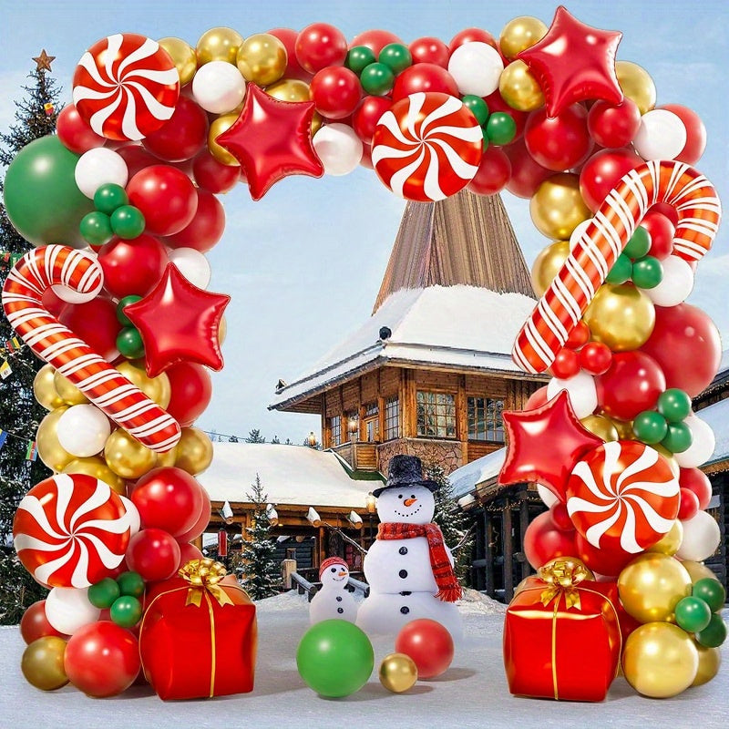 119pcs Latex Balloon Garland Kit - Mixed Color Festive Red, White & Golden with Candy Canes for Holiday Home Outdoor Party Decorations - No Electricity Needed