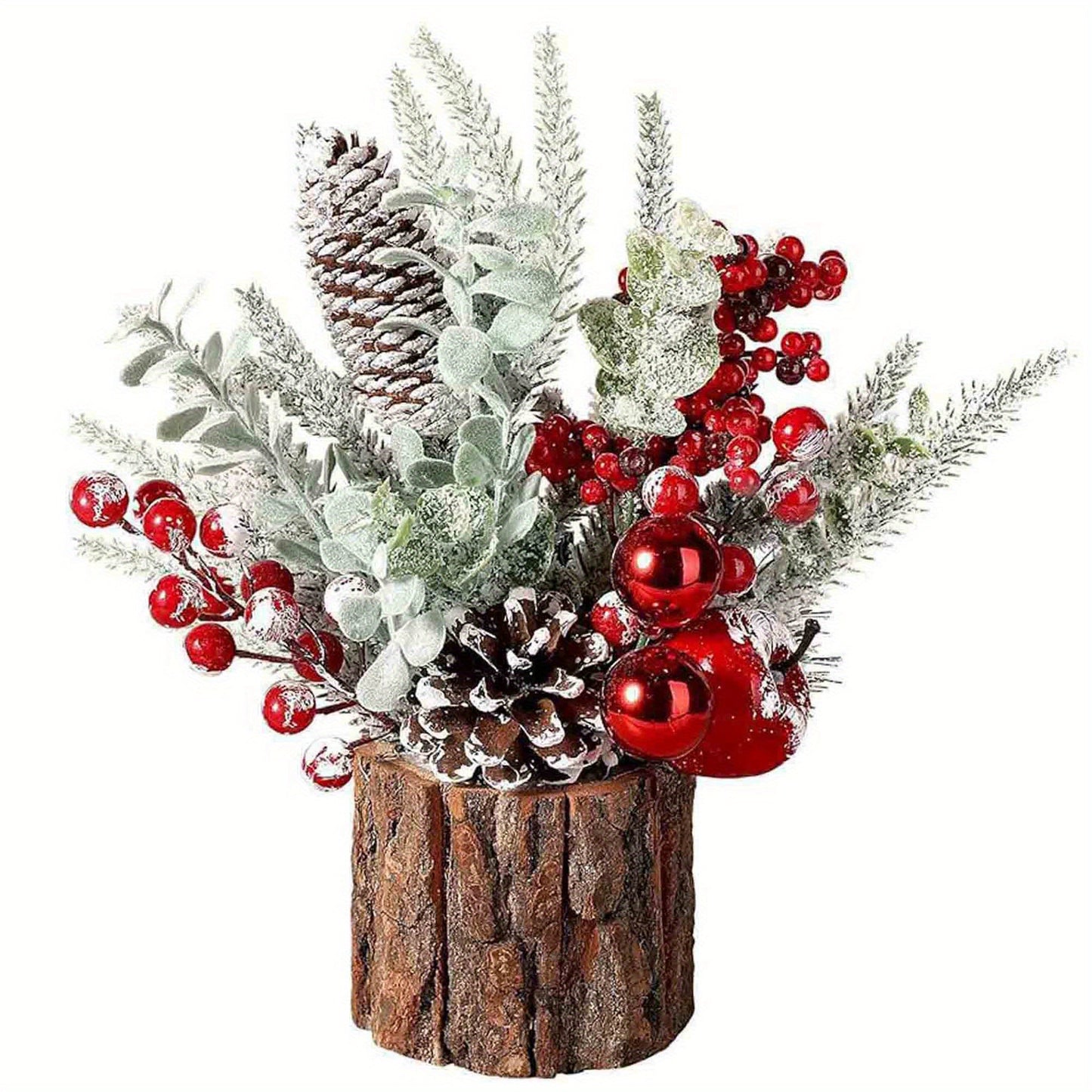 Small Artificial Mini Christmas Tree with Red Berry, Pine Cone, and Greenery Holiday Ornaments Tabletop Decorations