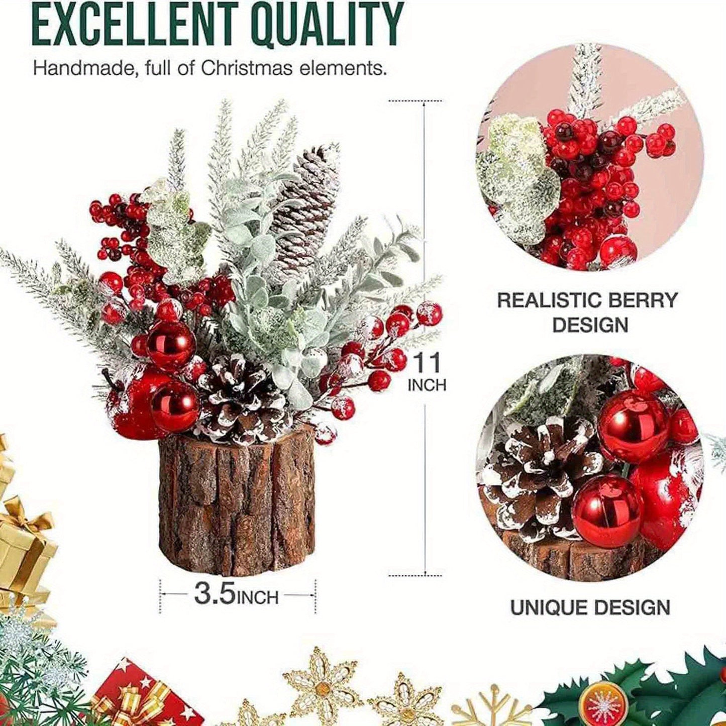 Small Artificial Mini Christmas Tree with Red Berry, Pine Cone, and Greenery Holiday Ornaments Tabletop Decorations