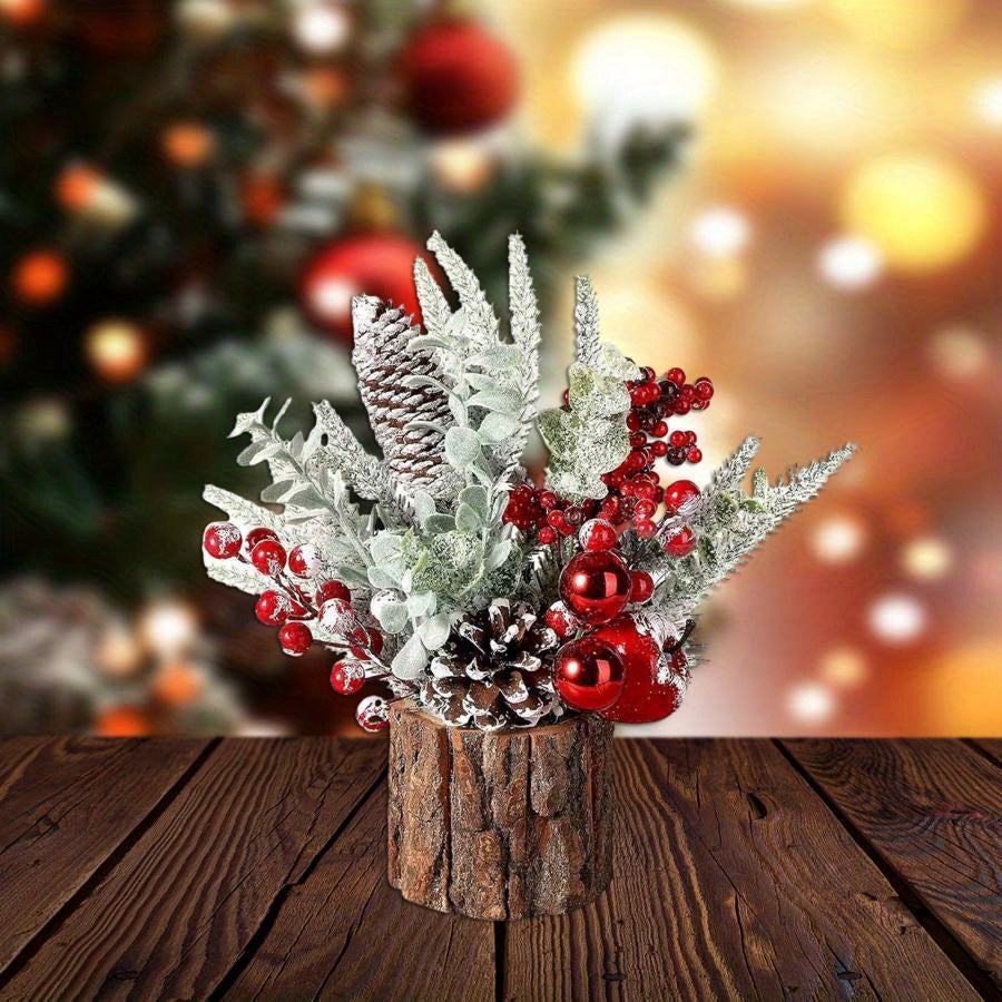 Small Artificial Mini Christmas Tree with Red Berry, Pine Cone, and Greenery Holiday Ornaments Tabletop Decorations