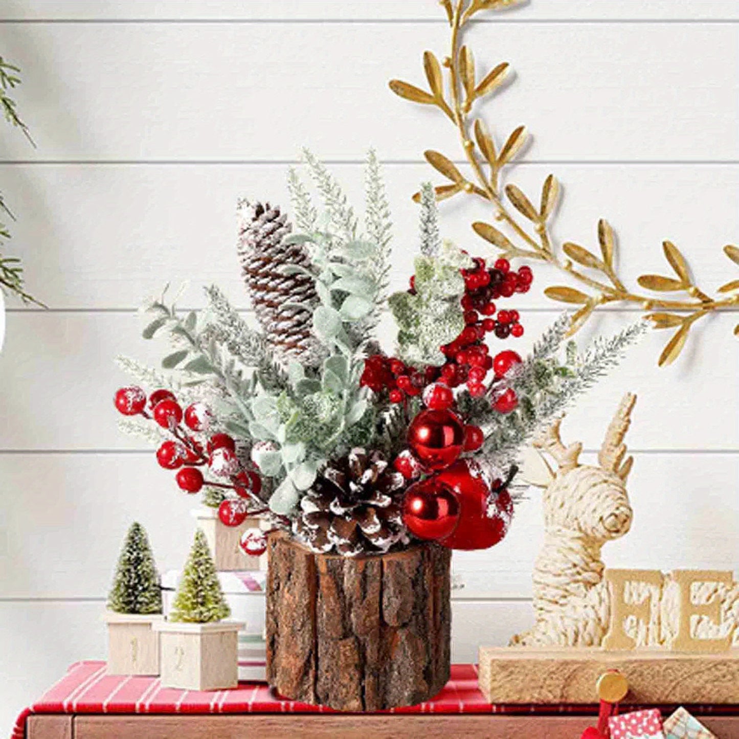 Small Artificial Mini Christmas Tree with Red Berry, Pine Cone, and Greenery Holiday Ornaments Tabletop Decorations