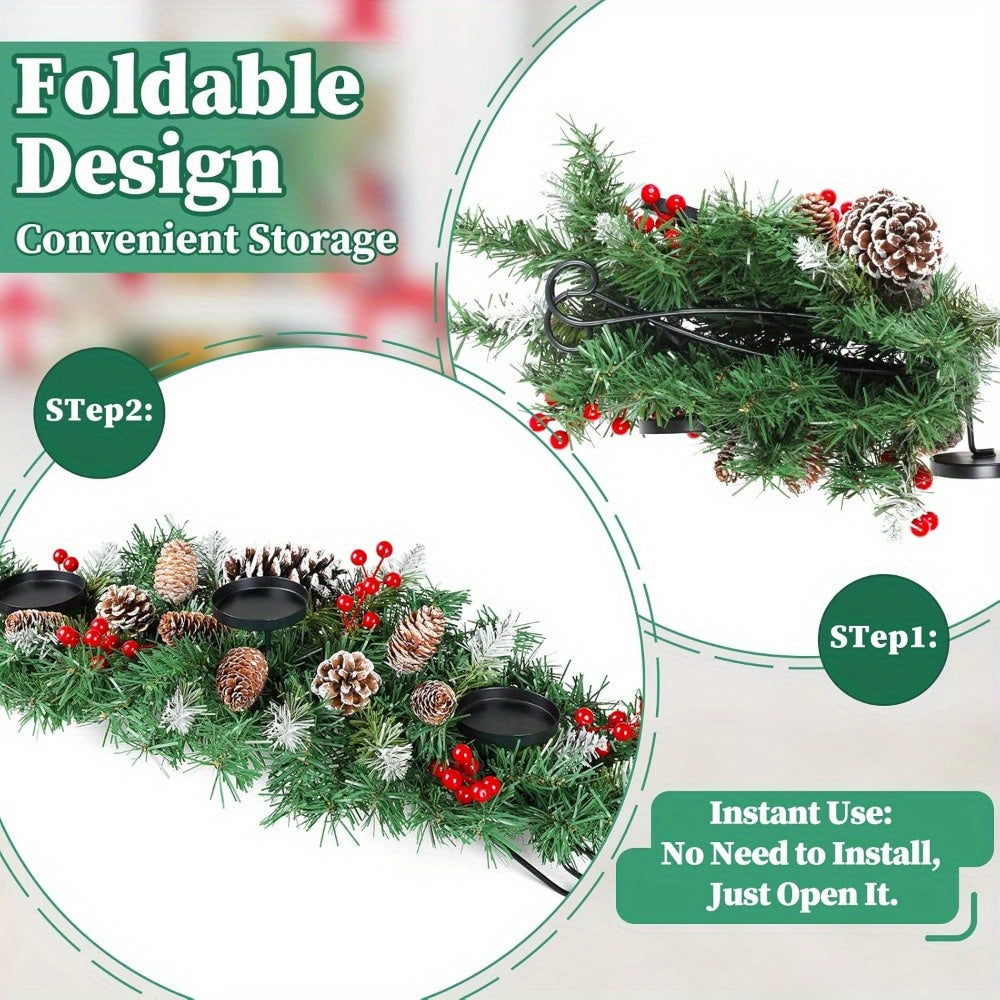 31.5in Artificial Christmas Centerpiece with Steel Base, 3 Candle Holders, Pine Cones, Red Berries, Christmas Decorations Indoor for Festival Home Decoration