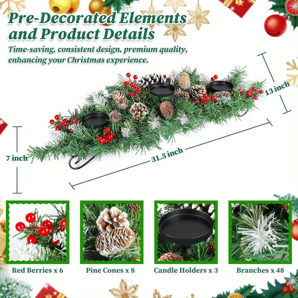 31.5in Artificial Christmas Centerpiece with Steel Base, 3 Candle Holders, Pine Cones, Red Berries, Christmas Decorations Indoor for Festival Home Decoration