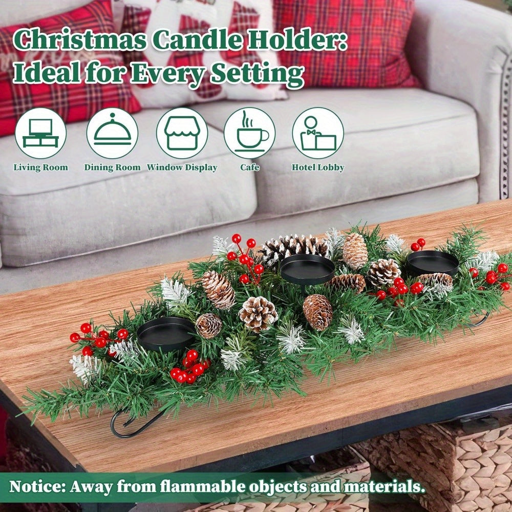 31.5in Artificial Christmas Centerpiece with Steel Base, 3 Candle Holders, Pine Cones, Red Berries, Christmas Decorations Indoor for Festival Home Decoration