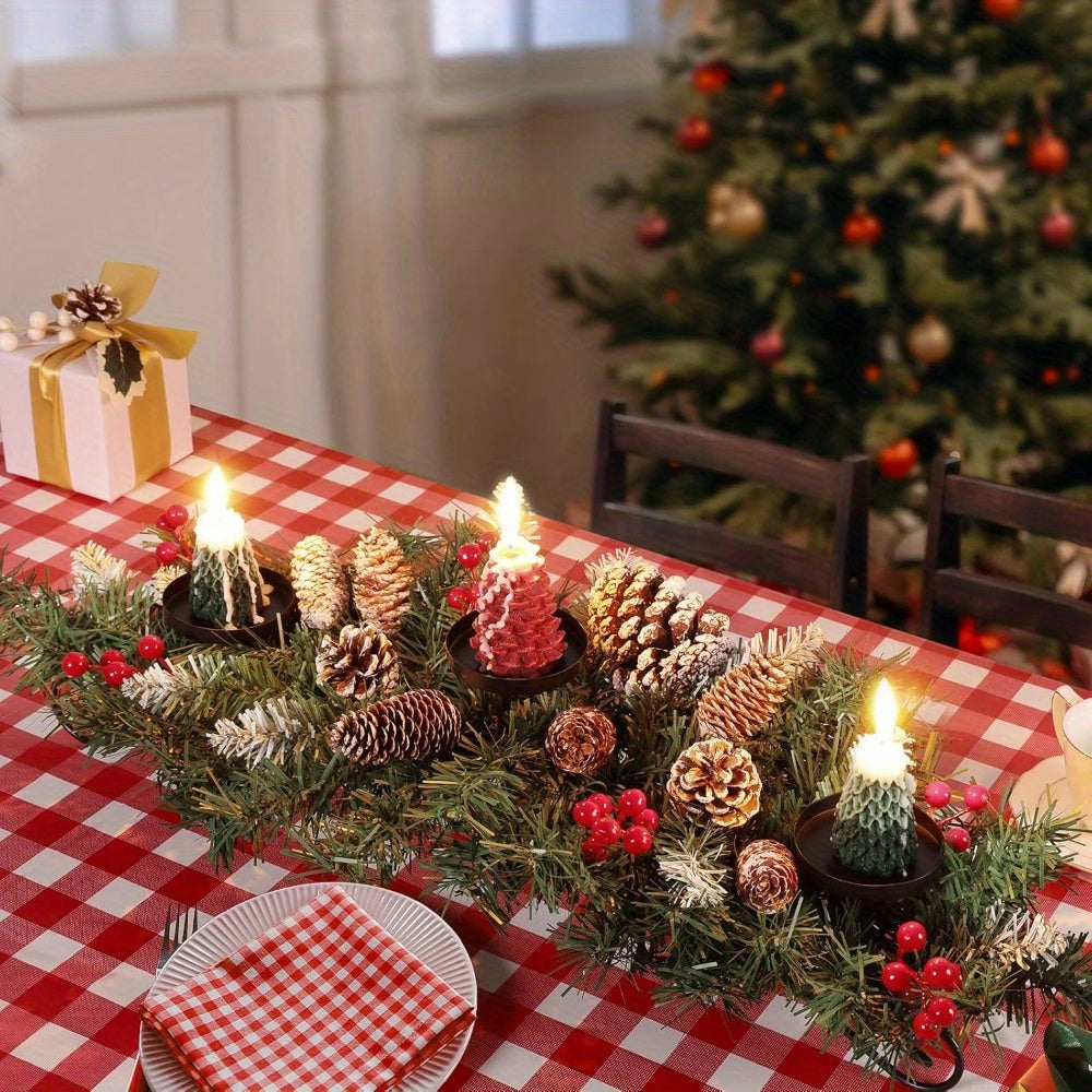 31.5in Artificial Christmas Centerpiece with Steel Base, 3 Candle Holders, Pine Cones, Red Berries, Christmas Decorations Indoor for Festival Home Decoration