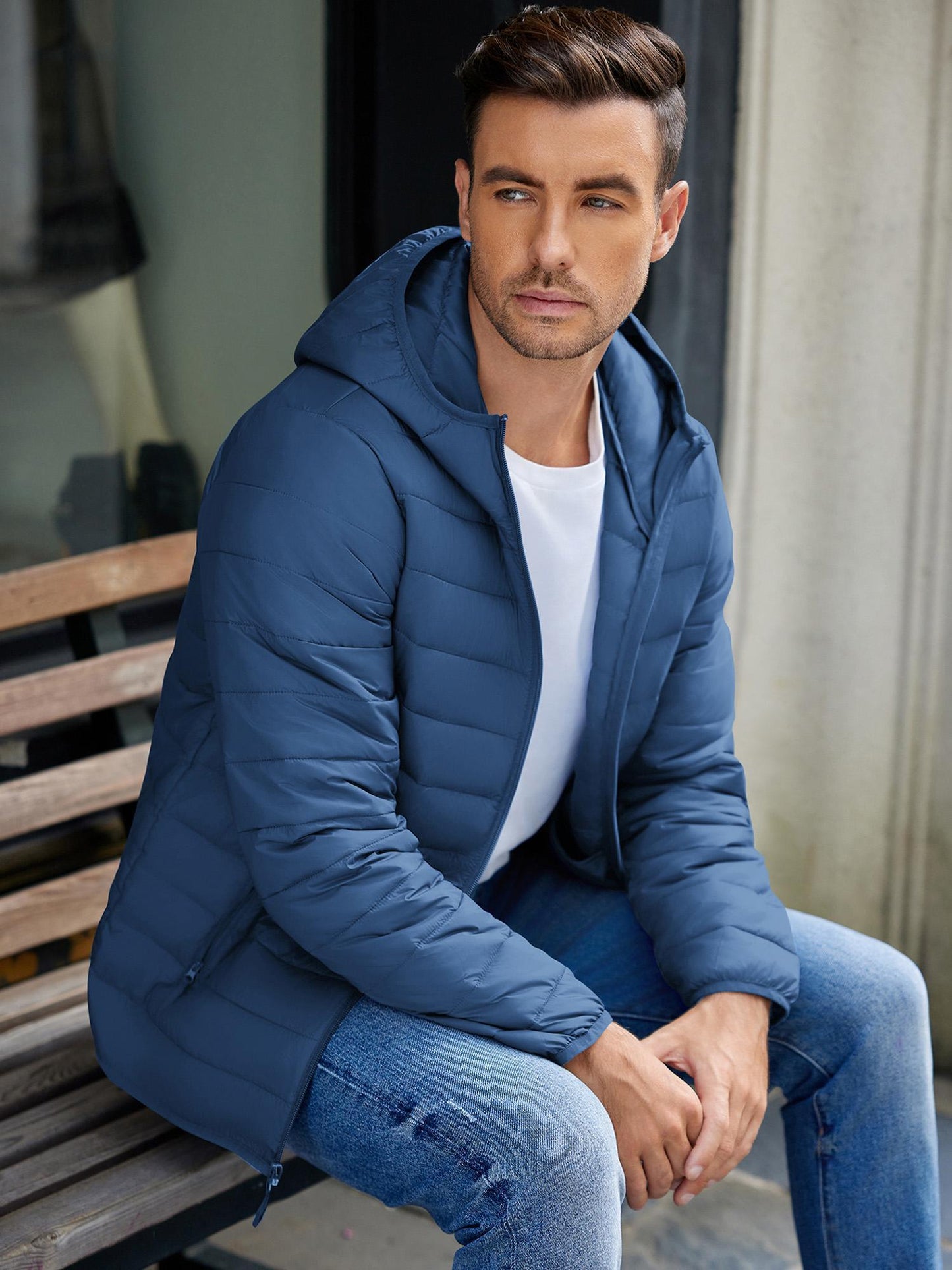 Men'S Plus Size Packable Puffer Jacket, Casual Nylon Padded Coat, Crew Neck, Zipper Closure, Solid Color, Non-Stretch Fabric, with Polyester Lining, for Fall & Winter Lightweight Insulated Windproof