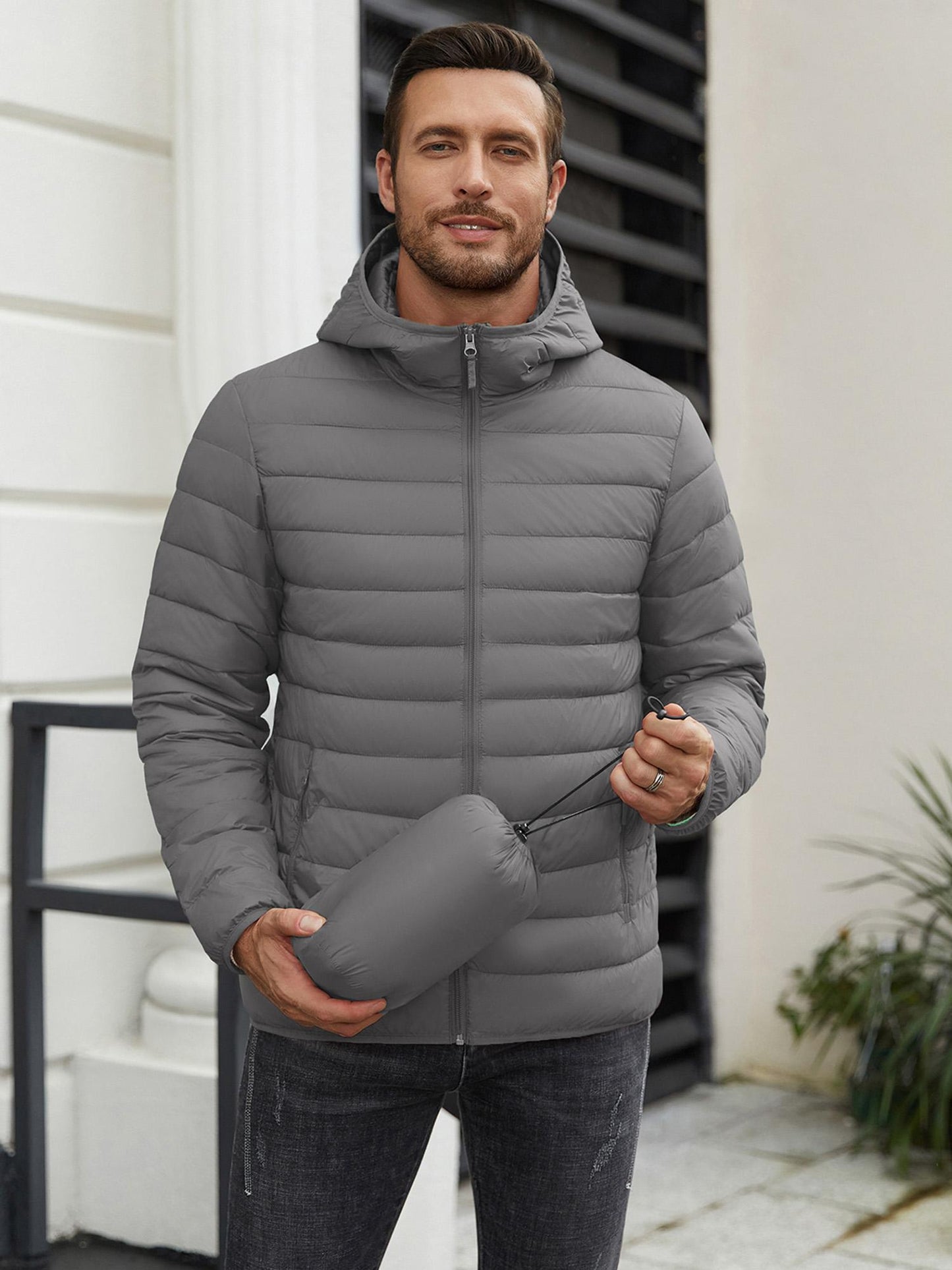Men'S Plus Size Packable Puffer Jacket, Casual Nylon Padded Coat, Crew Neck, Zipper Closure, Solid Color, Non-Stretch Fabric, with Polyester Lining, for Fall & Winter Lightweight Insulated Windproof