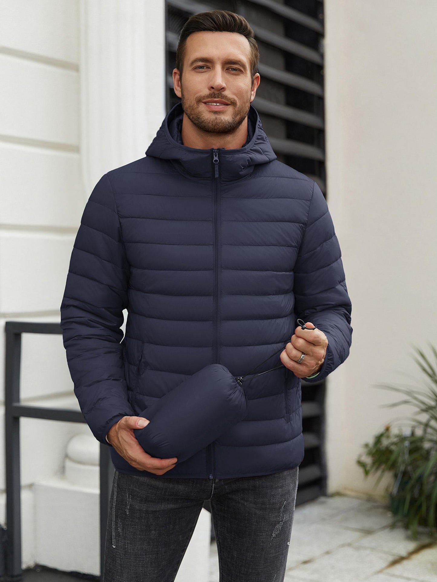 Men'S Plus Size Packable Puffer Jacket, Casual Nylon Padded Coat, Crew Neck, Zipper Closure, Solid Color, Non-Stretch Fabric, with Polyester Lining, for Fall & Winter Lightweight Insulated Windproof
