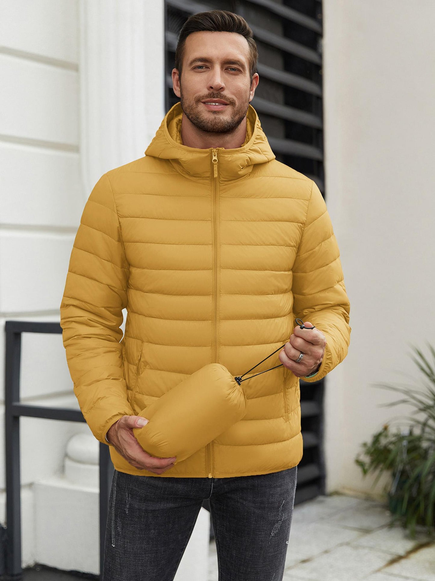 Men'S Plus Size Packable Puffer Jacket, Casual Nylon Padded Coat, Crew Neck, Zipper Closure, Solid Color, Non-Stretch Fabric, with Polyester Lining, for Fall & Winter Lightweight Insulated Windproof
