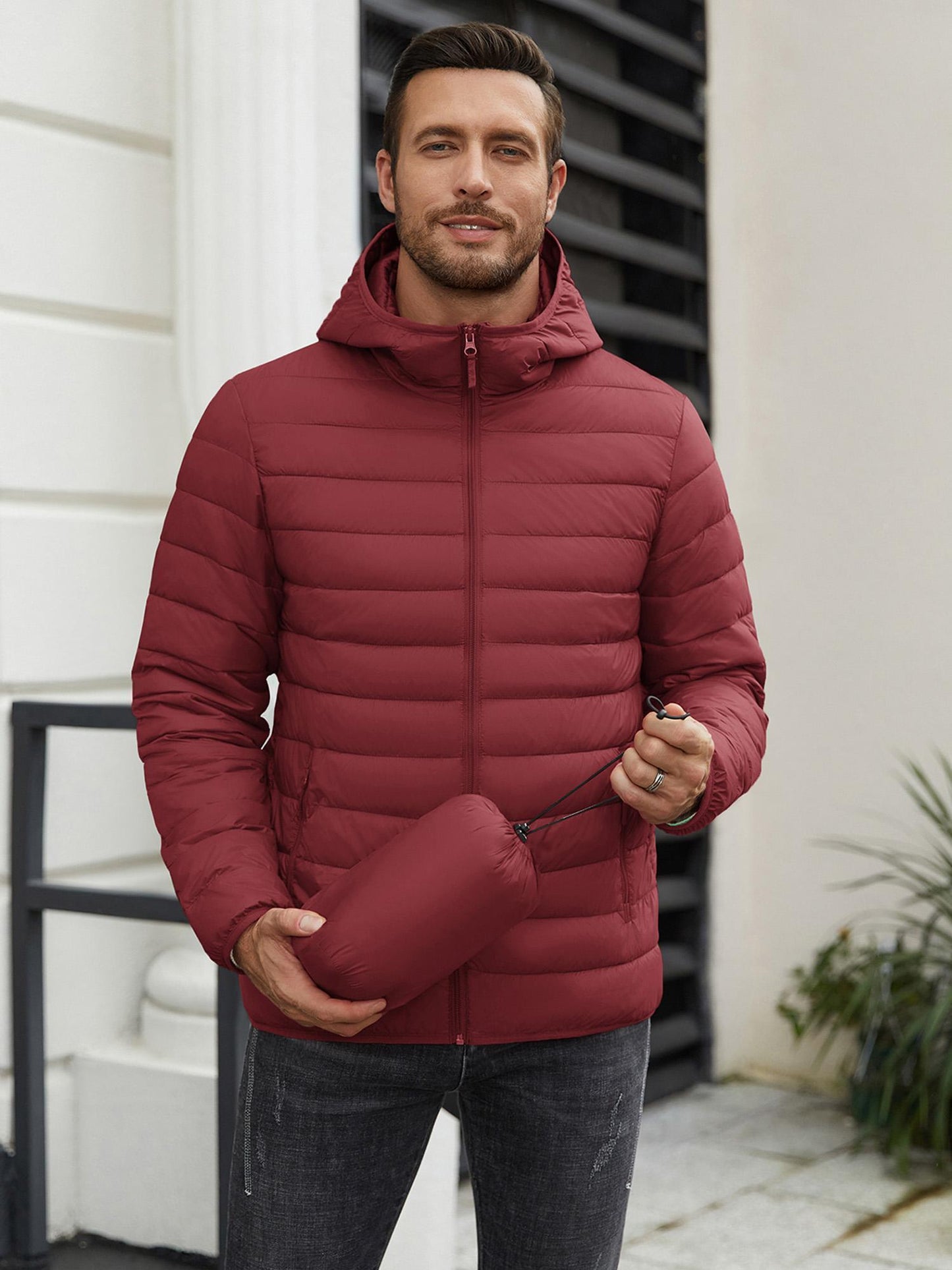 Men'S Plus Size Packable Puffer Jacket, Casual Nylon Padded Coat, Crew Neck, Zipper Closure, Solid Color, Non-Stretch Fabric, with Polyester Lining, for Fall & Winter Lightweight Insulated Windproof