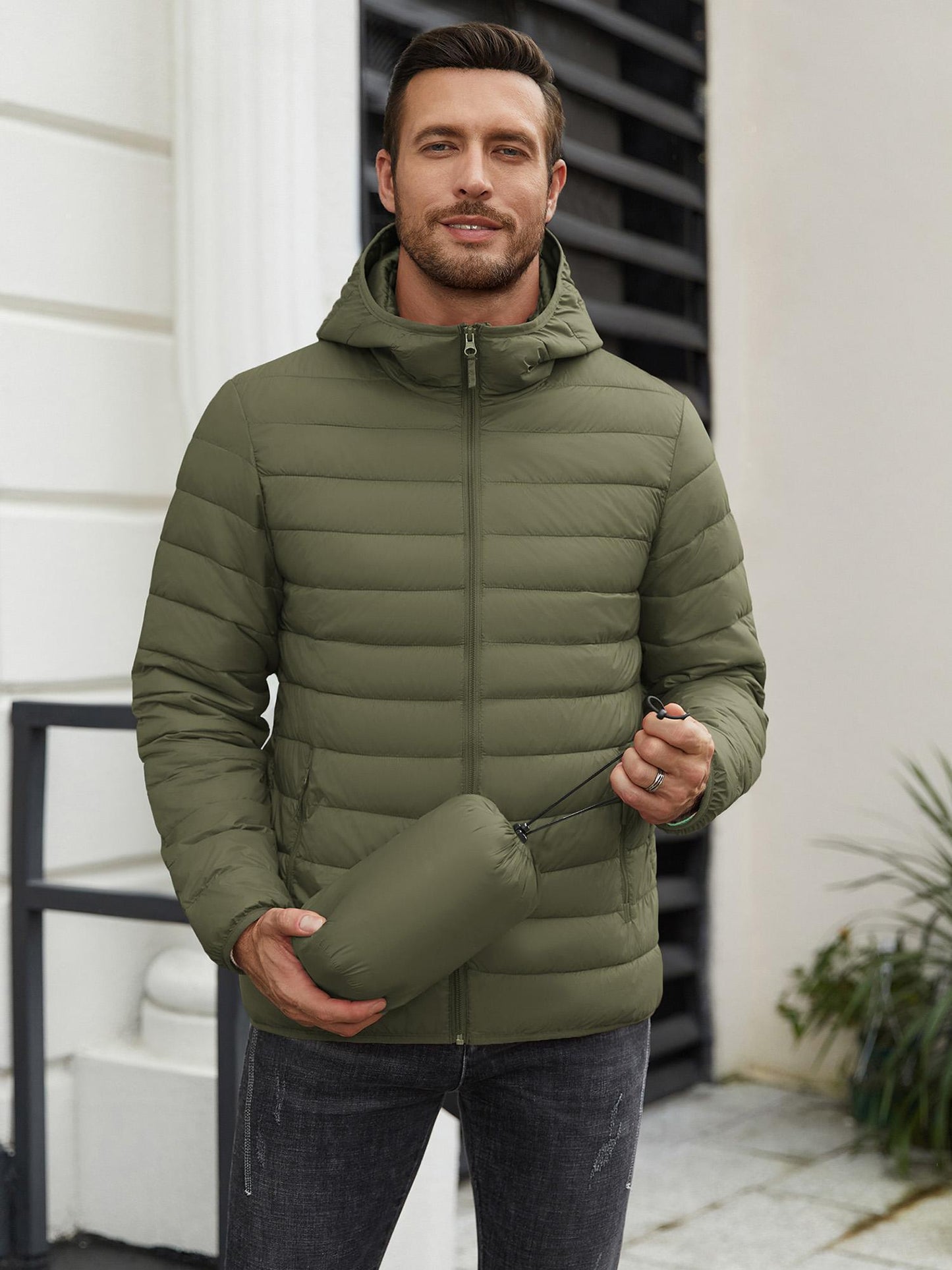 Men'S Plus Size Packable Puffer Jacket, Casual Nylon Padded Coat, Crew Neck, Zipper Closure, Solid Color, Non-Stretch Fabric, with Polyester Lining, for Fall & Winter Lightweight Insulated Windproof