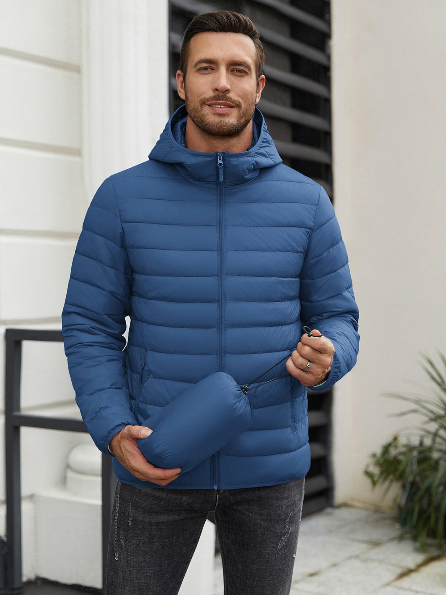Men'S Plus Size Packable Puffer Jacket, Casual Nylon Padded Coat, Crew Neck, Zipper Closure, Solid Color, Non-Stretch Fabric, with Polyester Lining, for Fall & Winter Lightweight Insulated Windproof