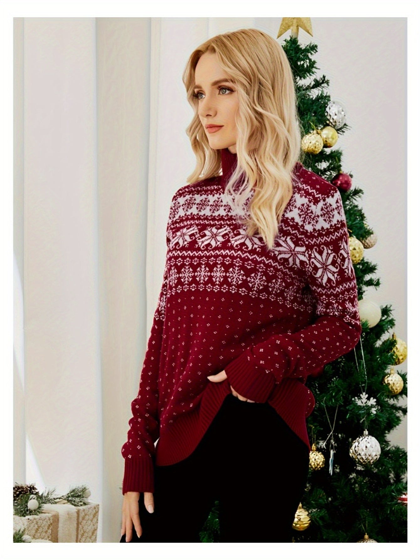 Fashion Women's Turtleneck Christmas Knitted Sweater Snowflake Print Long Sleeve Pullover Winter Warm Tops