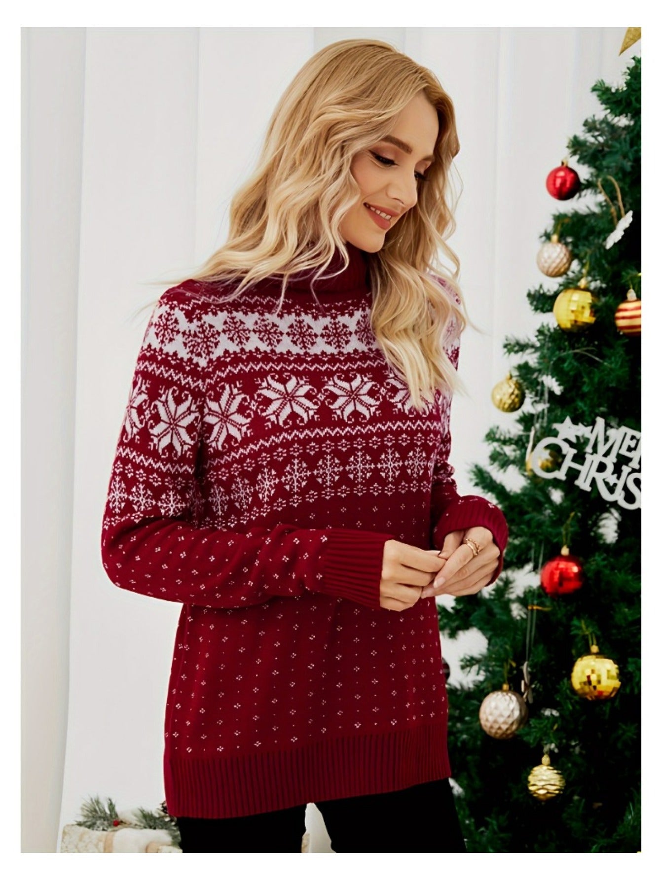 Fashion Women's Turtleneck Christmas Knitted Sweater Snowflake Print Long Sleeve Pullover Winter Warm Tops