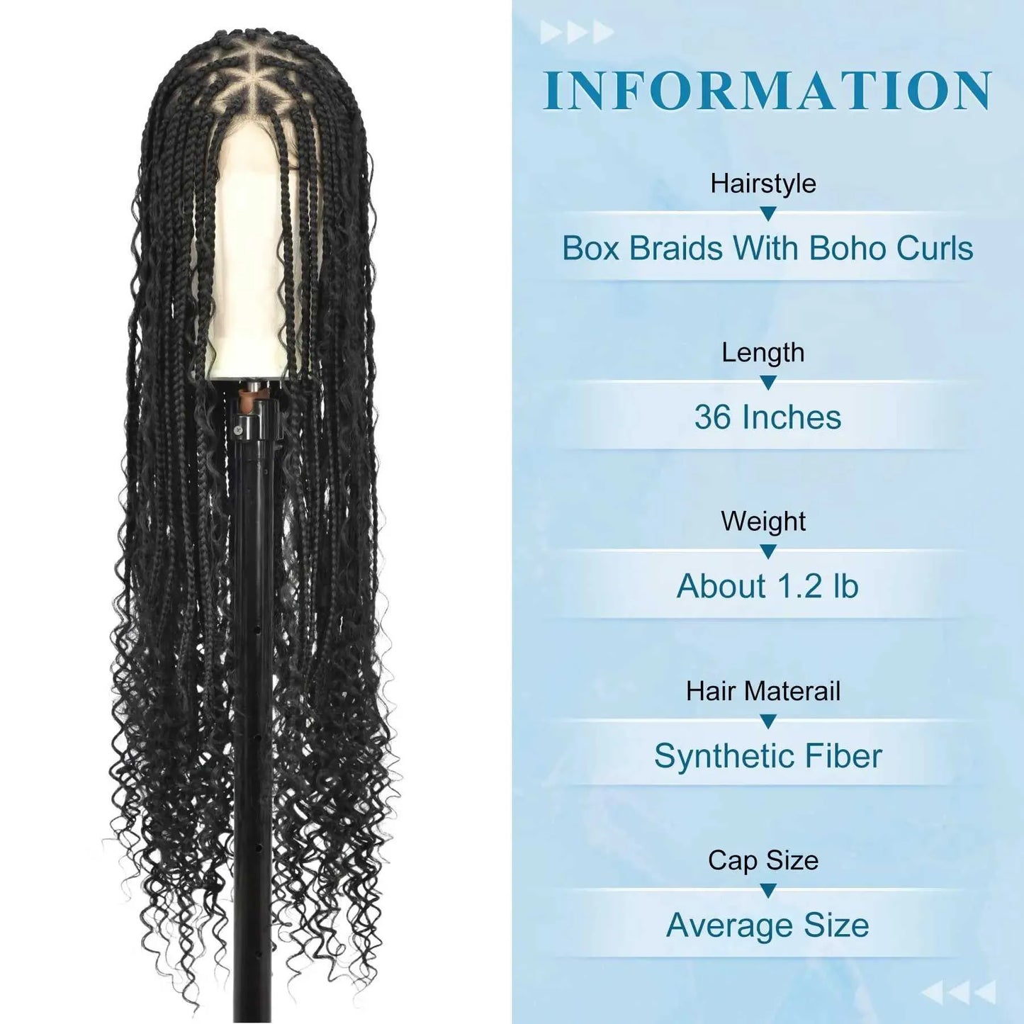 Synthetic Wigs Viyskur 36 Full Double Lace Front Triangle Knotless Box Braided Wigs With Boho Curls Ends Box Braids Wig With Baby Hair 240329