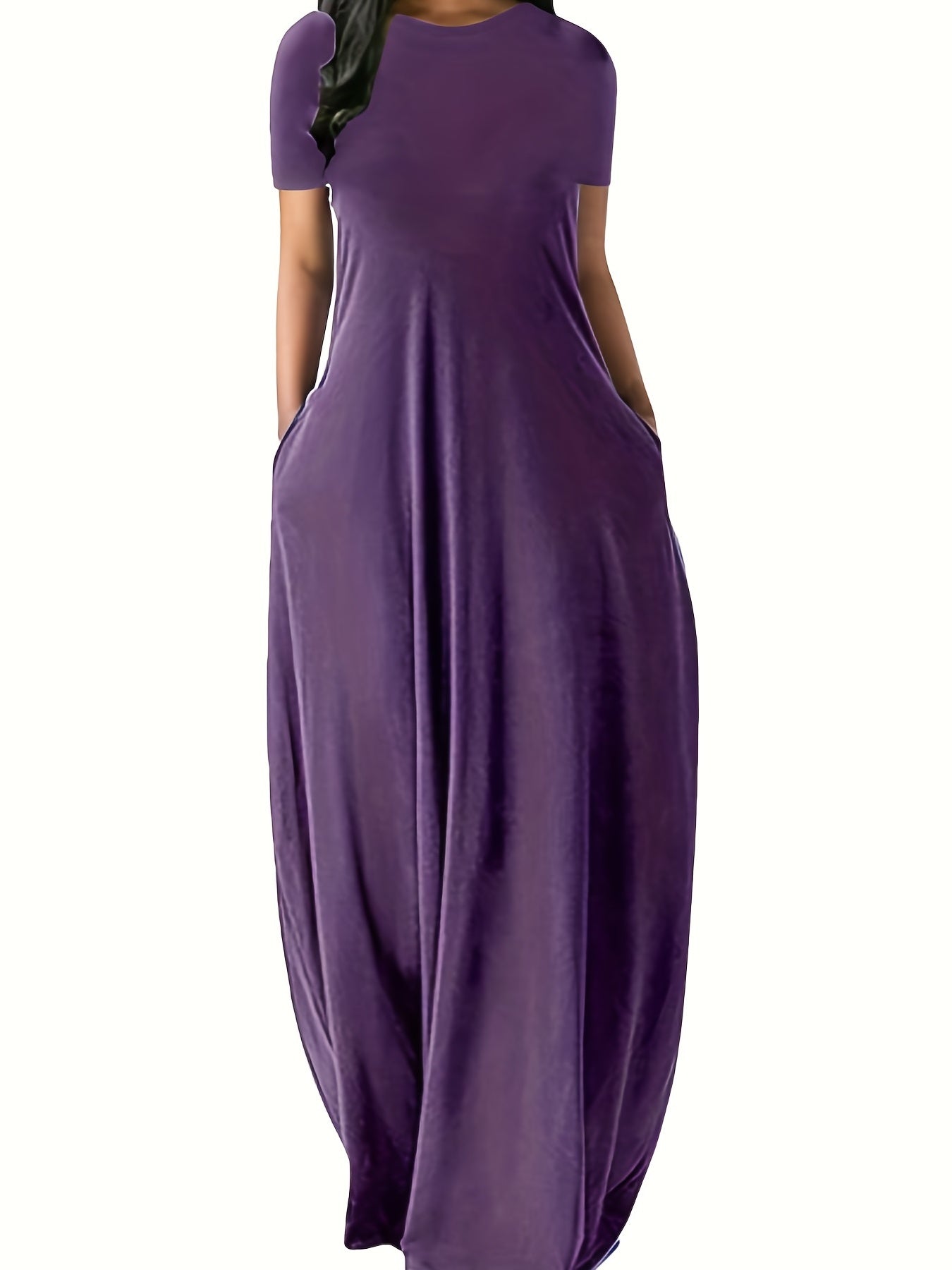 Plus Size Womens Casual Maxi Dress - Flattering Solid Color, Comfortable Round Neck, Flowy Loose Fit with Handy Pockets, Short Sleeves