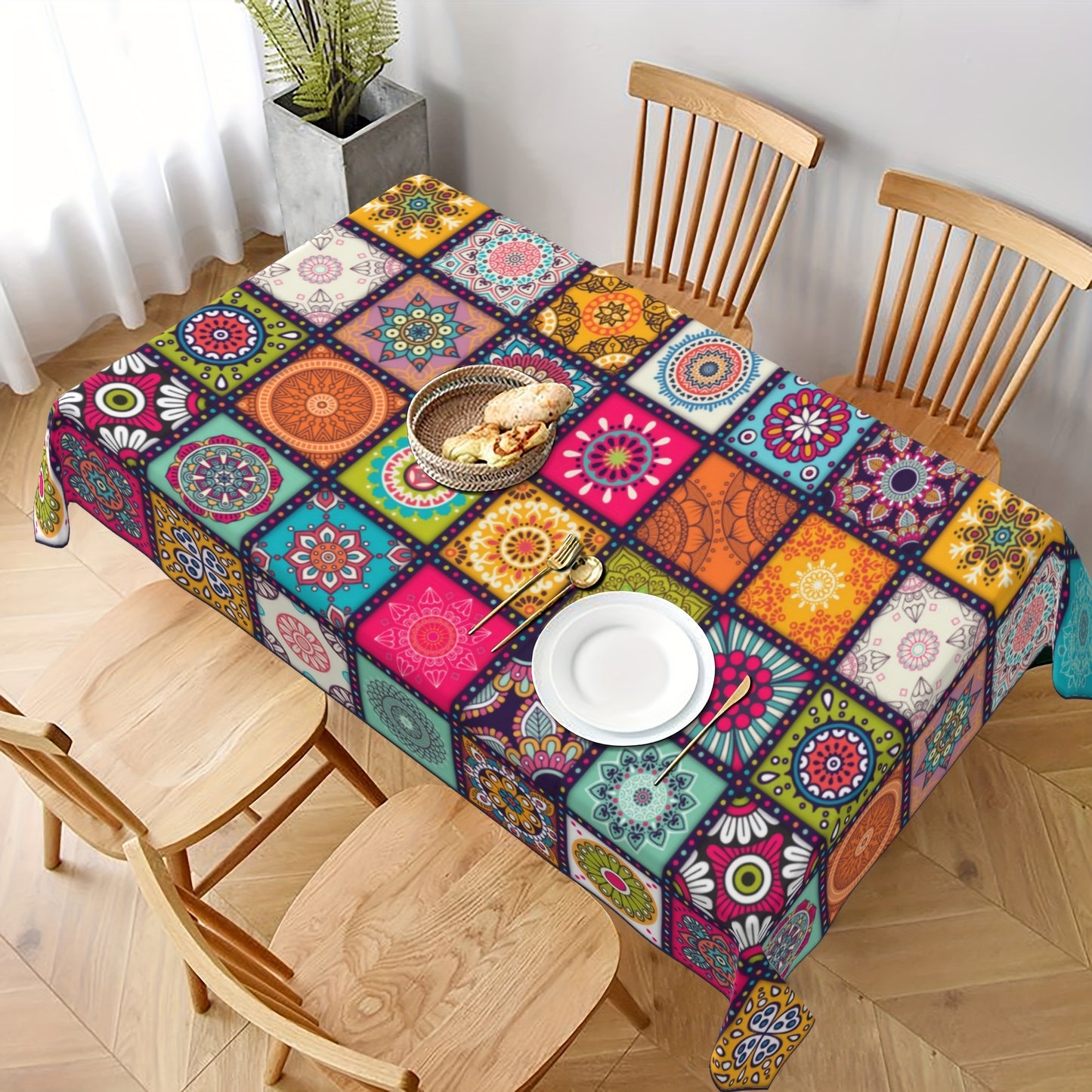 1pc Vibrant Mandala Rectangle Polyester Tablecloth - Kitchen & Dining Table Linens - Bohemian Inspired, Circular, Colorful, Festival Party Decoration, Home Decor, Waterproof, Easy Clean, Durable, Perfect for Indoor Outdoor Events